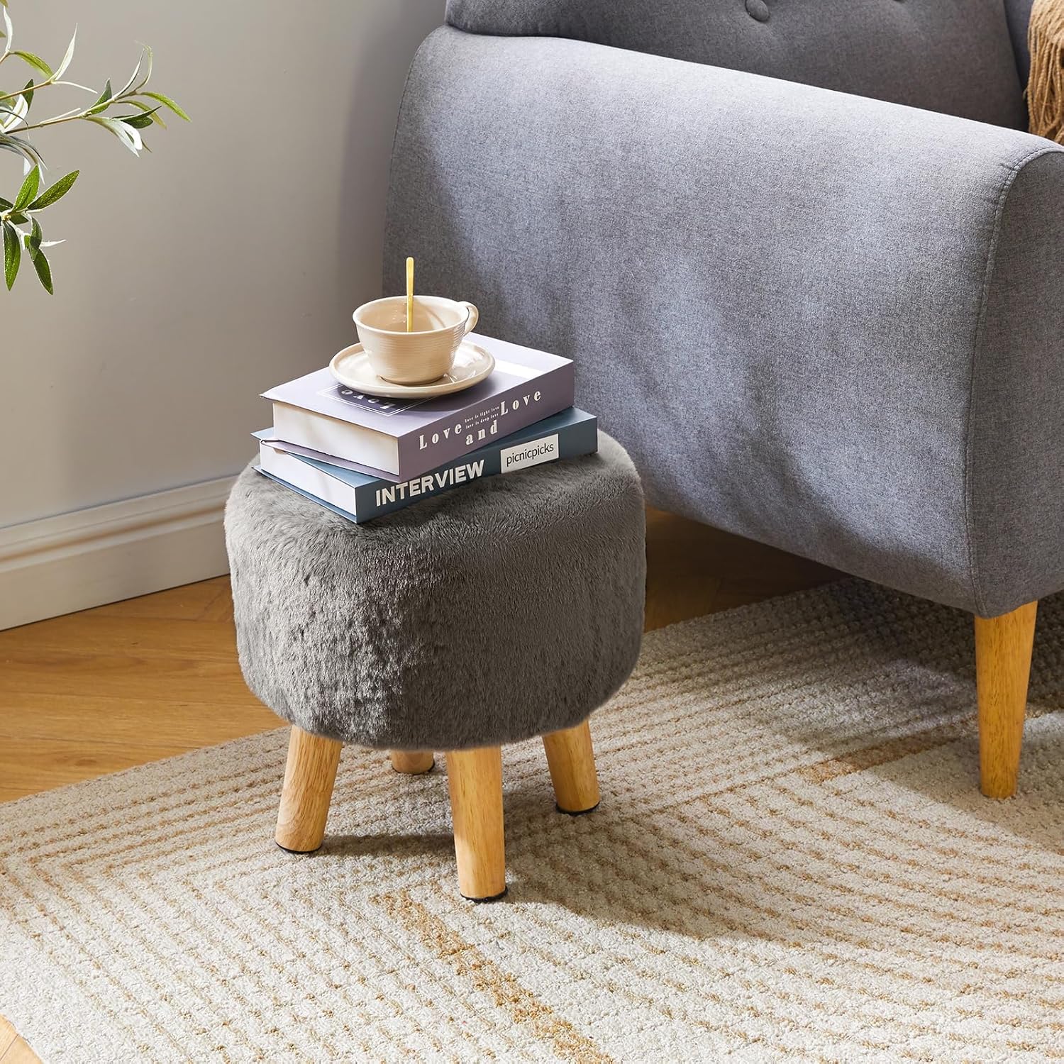 Detalle 2 de YMYNY Rotondo Sgabello Ottomano Poggiapiedi Grigio scuro 32×32×32CM, gambe in legno antiscivolo