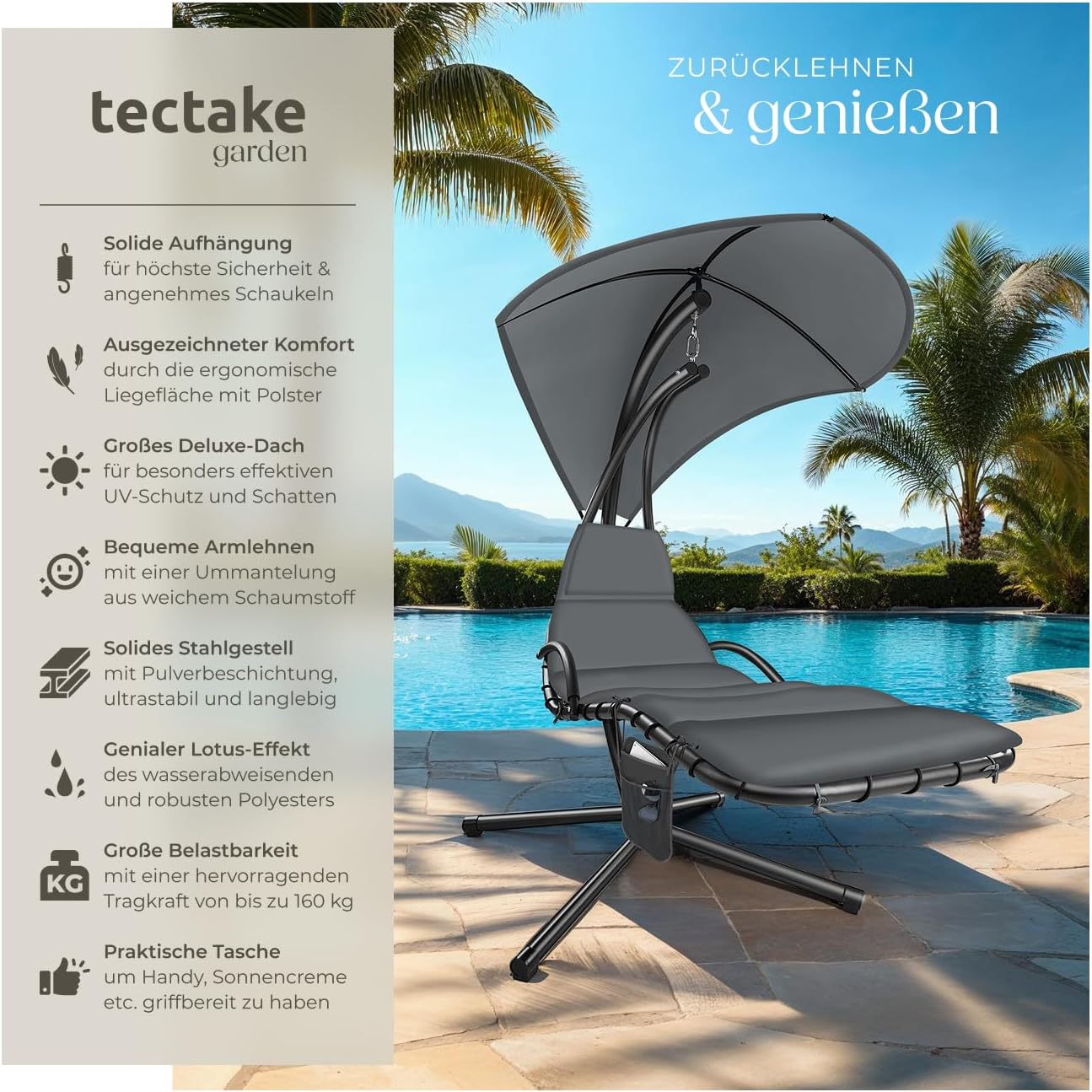 Detalle 2 de tectake® Hängeliege mit Gestell – Schwebeliege mit Sonnendach, Polsterauflage und Tasche