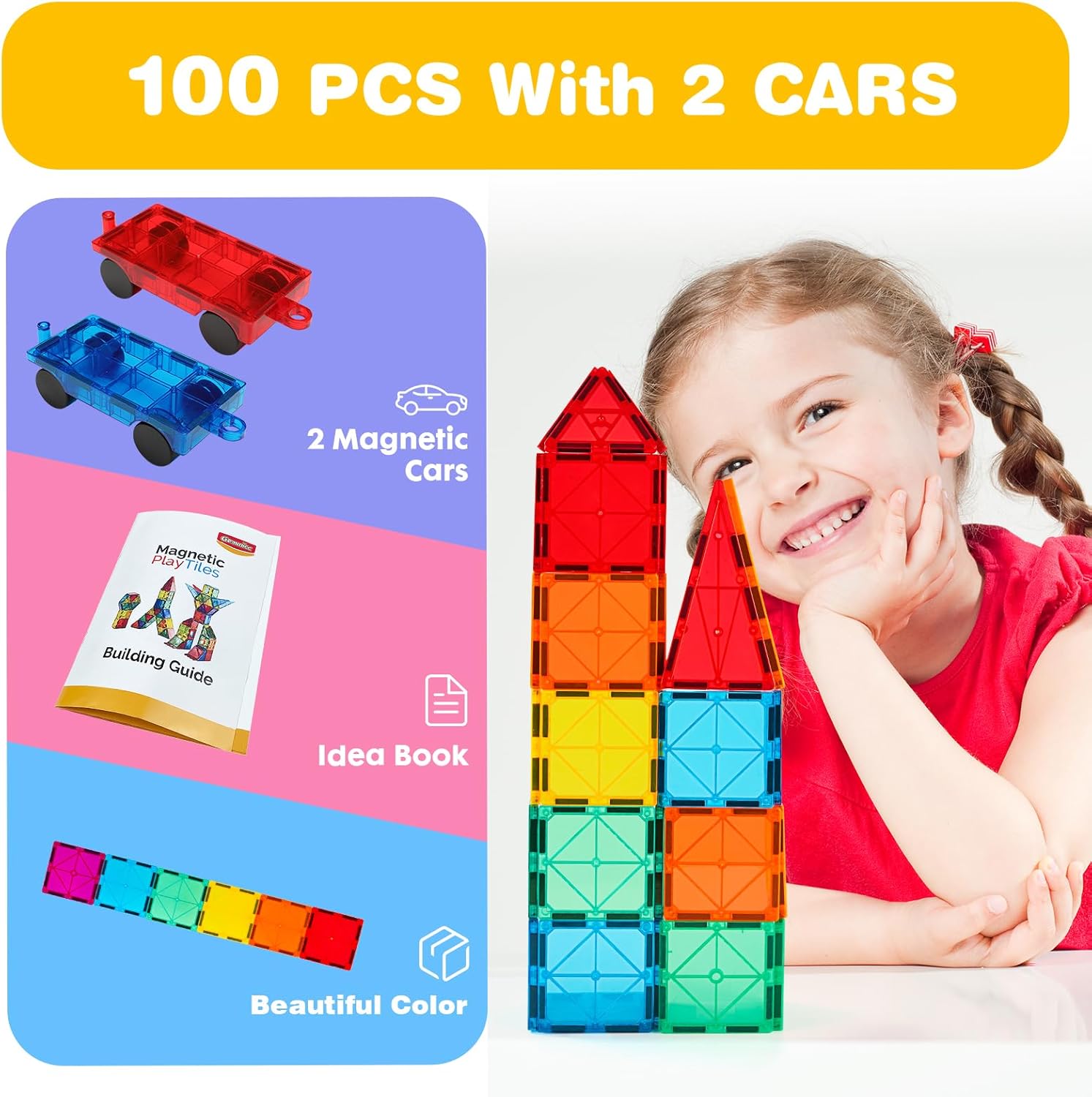 Detalle 2 de Gemmicc Magnetic Tiles 100 PCS with 2 Cars (STEM Approved Magnet Building Set)