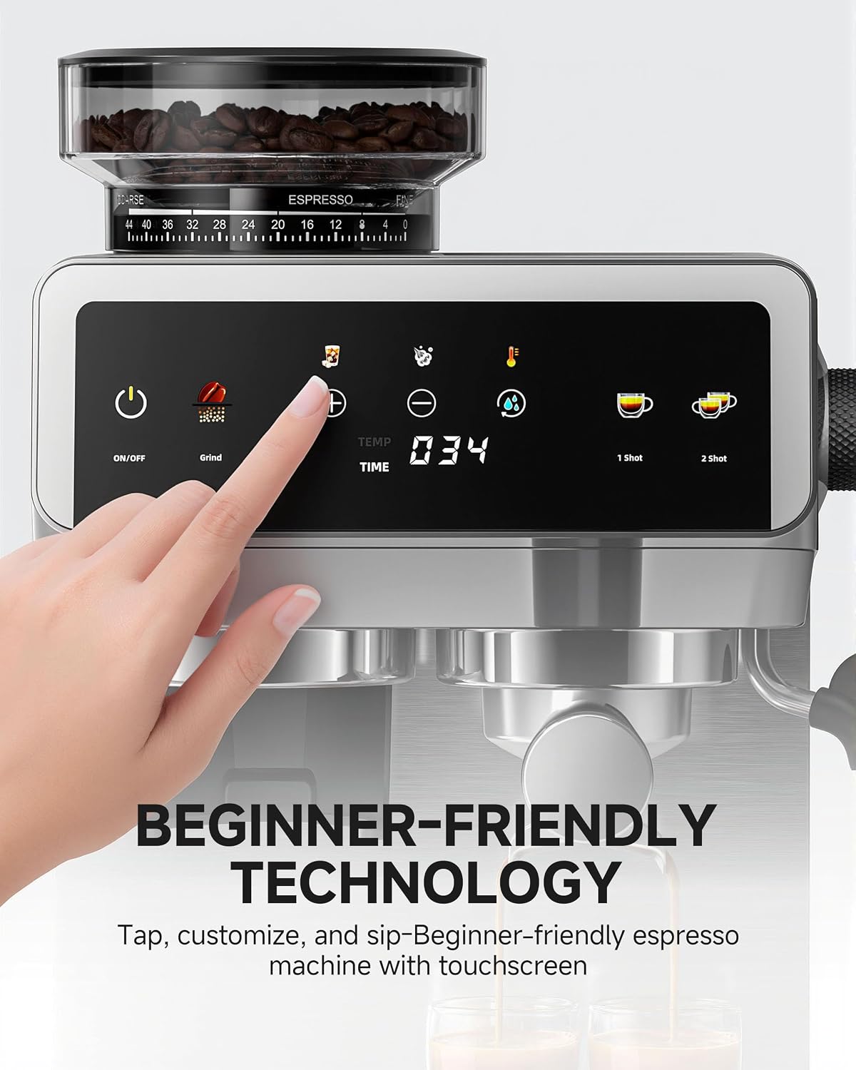 Detalle 2 de AMZCHEF CM1626 Espresso Machine with Grinder, 44 Settings, Touchscreen