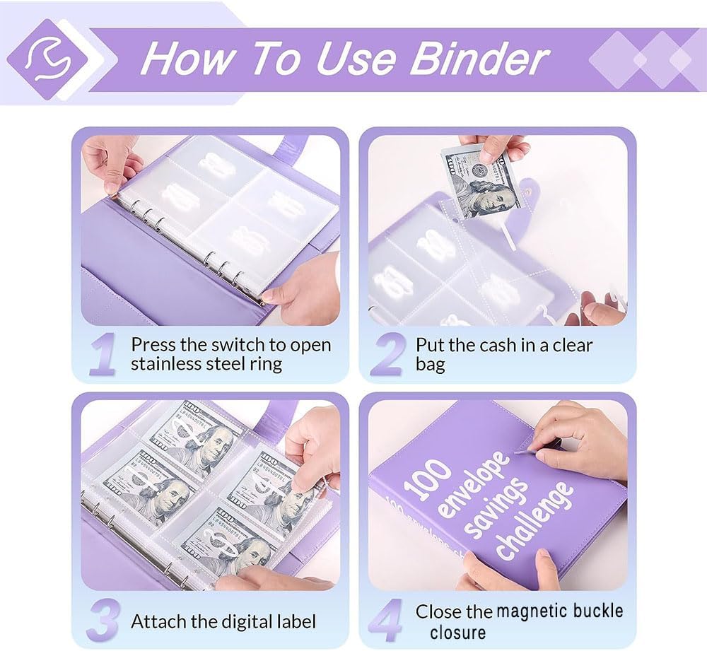 Detalle 2 de AASLOB jujs 100 Envelope Savings Challenge Binder, Purple, 100 Slots