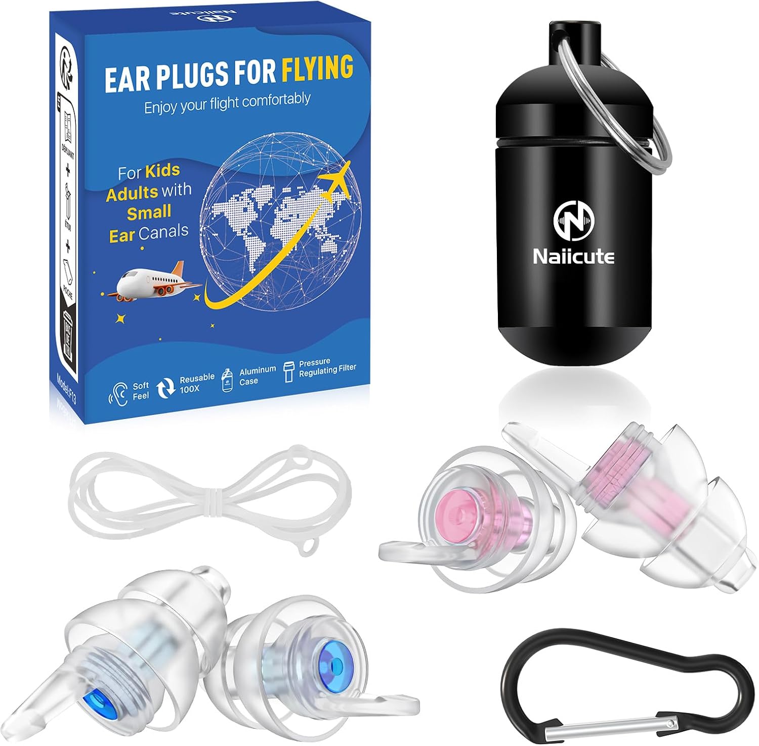 Naiicute Ear Plugs for Flying (2 Pairs) – Air Pressure Regulating & Noise-Reducing Silicone Earplugs, Size M