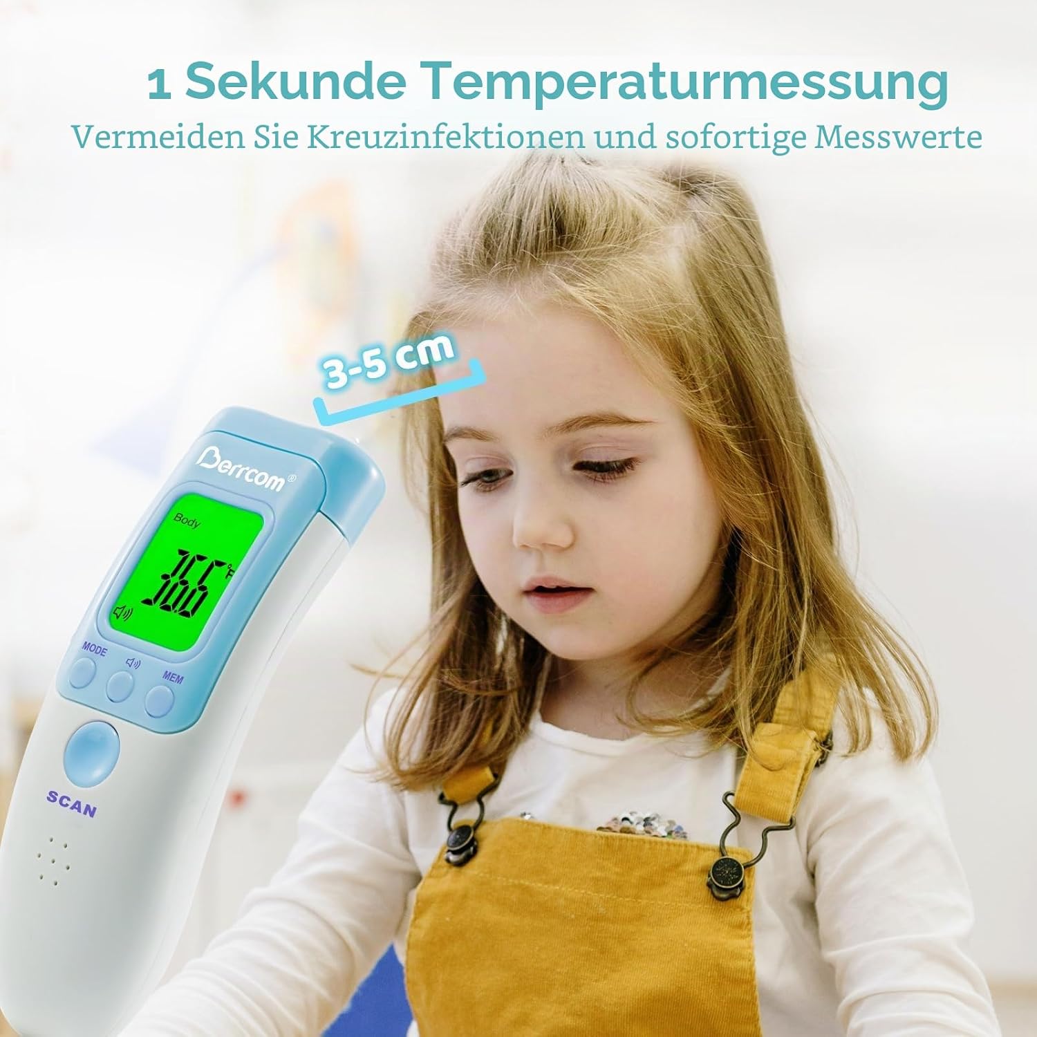 Detalle de Berrcom Fieberthermometer Kontaktlos Stirnthermometer – Infrarot 3-in-1, Fieberalarm, LCD Anzeige