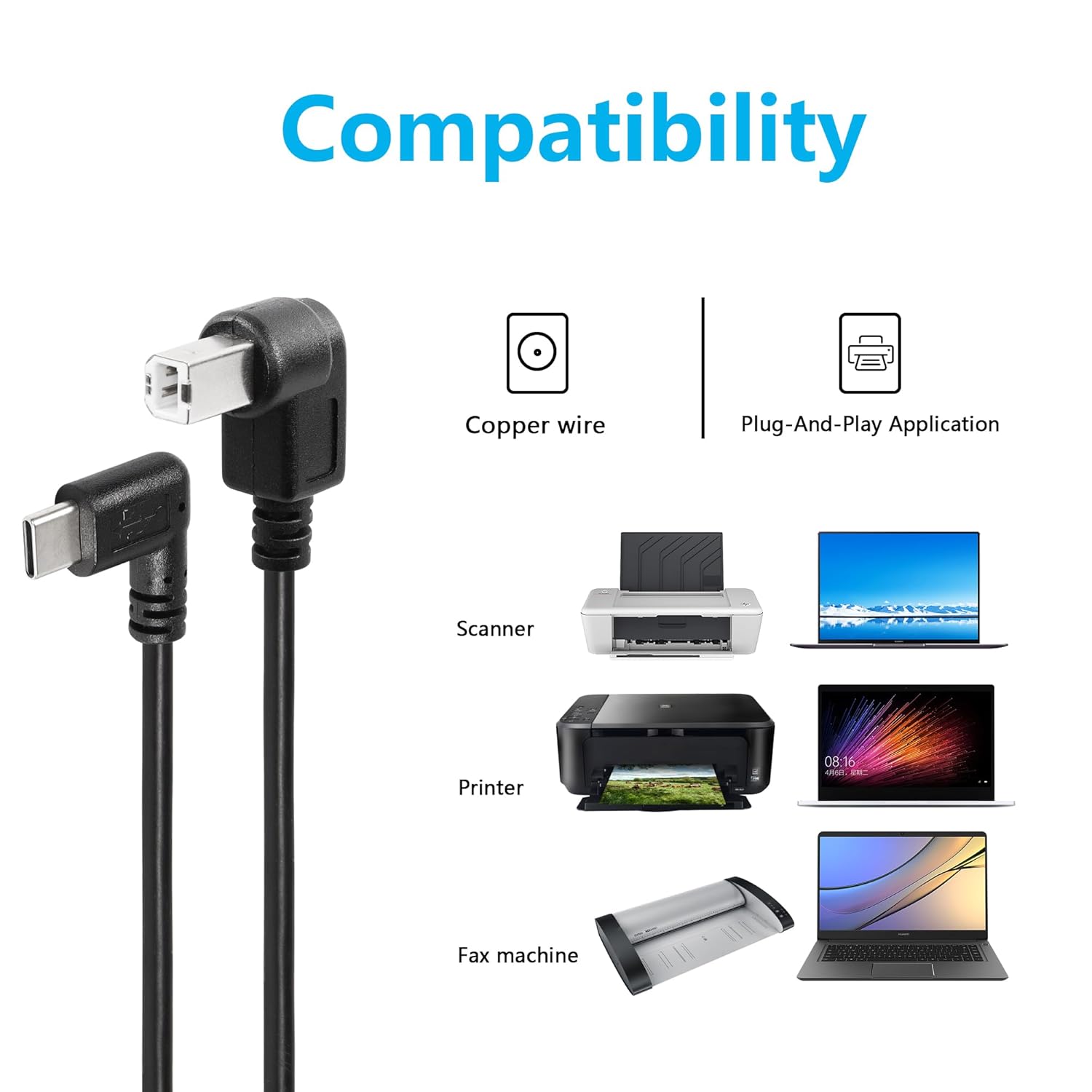 Thumbnail 1 de SinLoon 2 Pack USB C Printer Cable Right Angled USB B to Type C Cord (11.8in) for Printer, MIDI Controller and Scanner