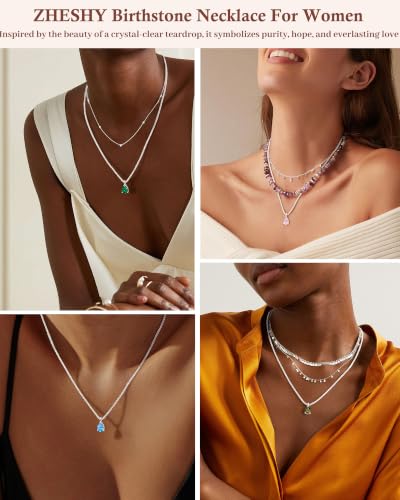 Thumbnail 4 de ZHESHY Collier femme avec pendentif goutte, pierre de naissance et plaqué or 18 carats