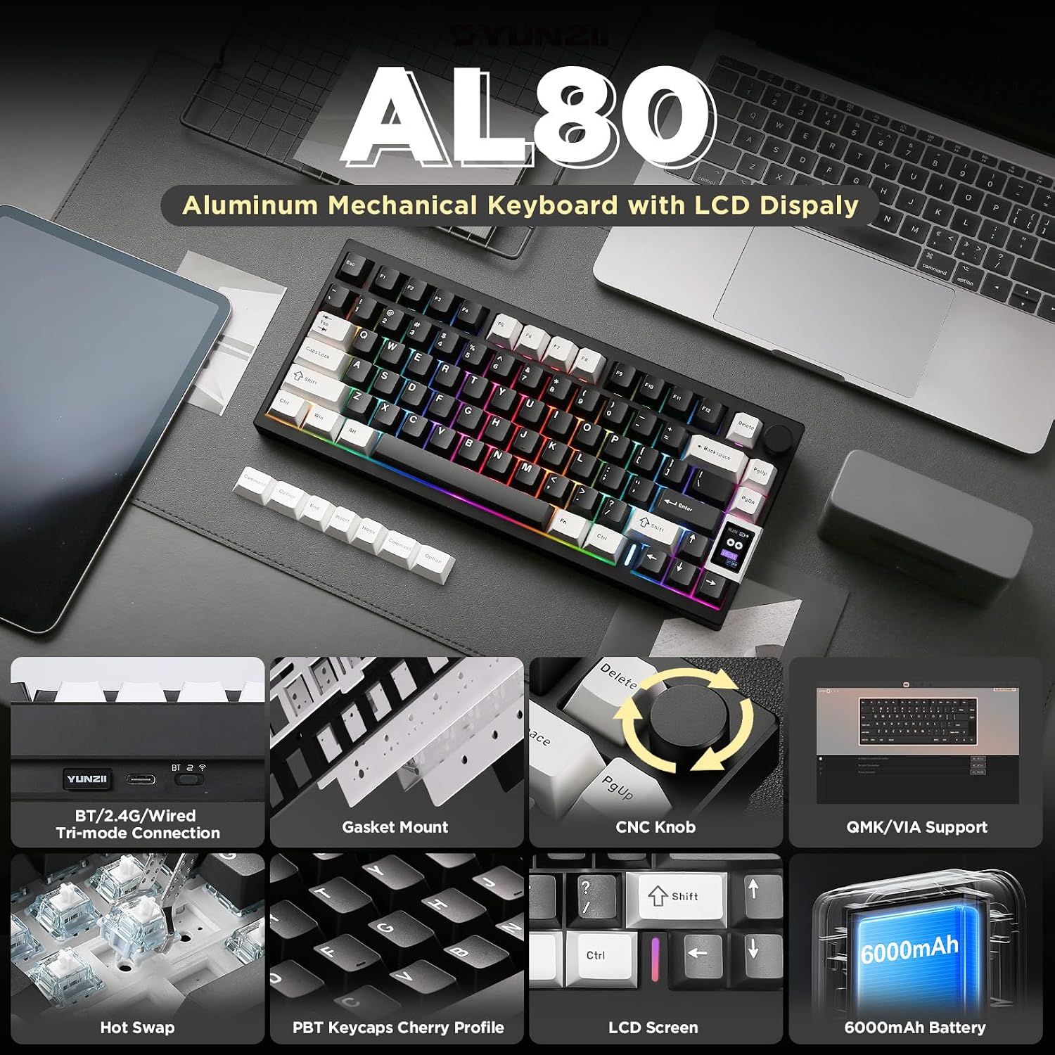 Thumbnail 1 de YUNZII AL80 Wireless Mechanical Keyboard with CNC Aluminum, 75% Layout, Hot-Swap, LCD, and QMK/VIA