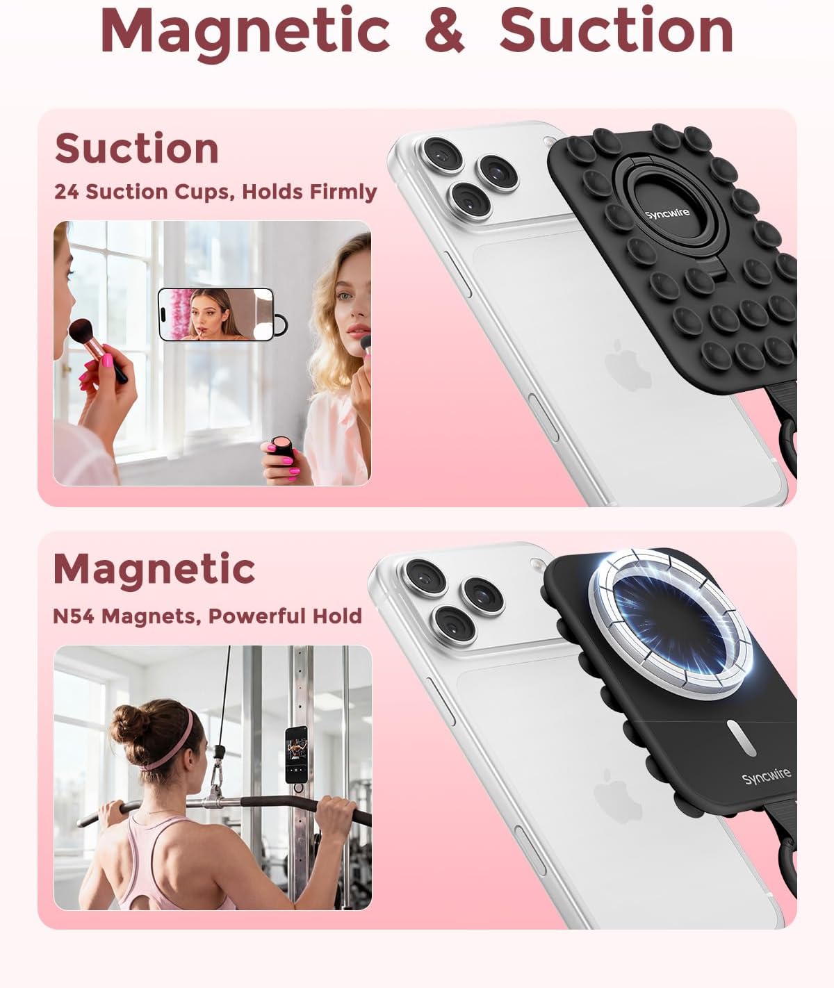 Detalle 2 de Syncwire Magnetic Suction Phone Mount for MagSafe (Midnight Black) with Silicone Octo Cup Grip Ring