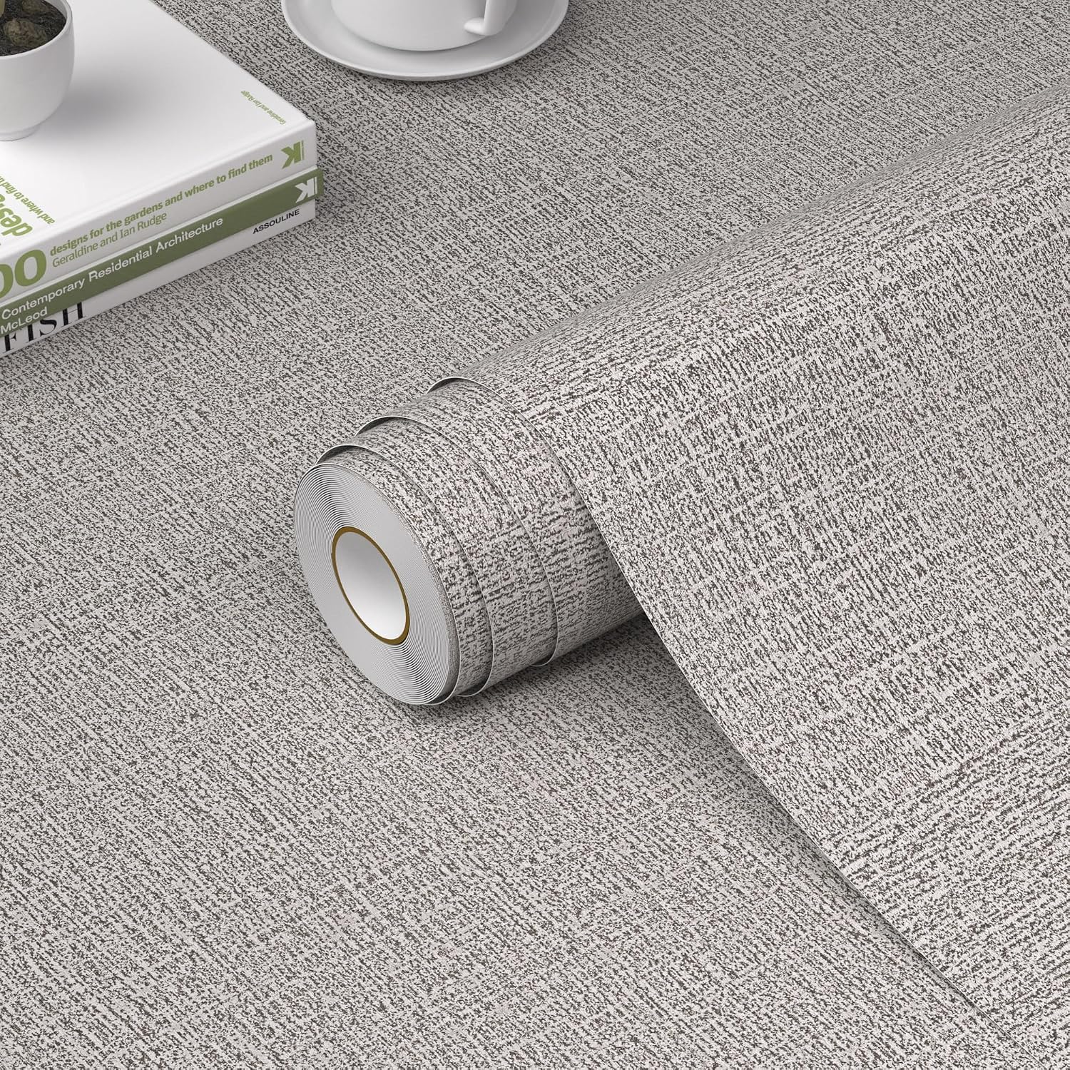 Detalle de WADILE Grasscloth Peel-and-Stick Wallpaper, Light Gray Faux Linen Vinyl