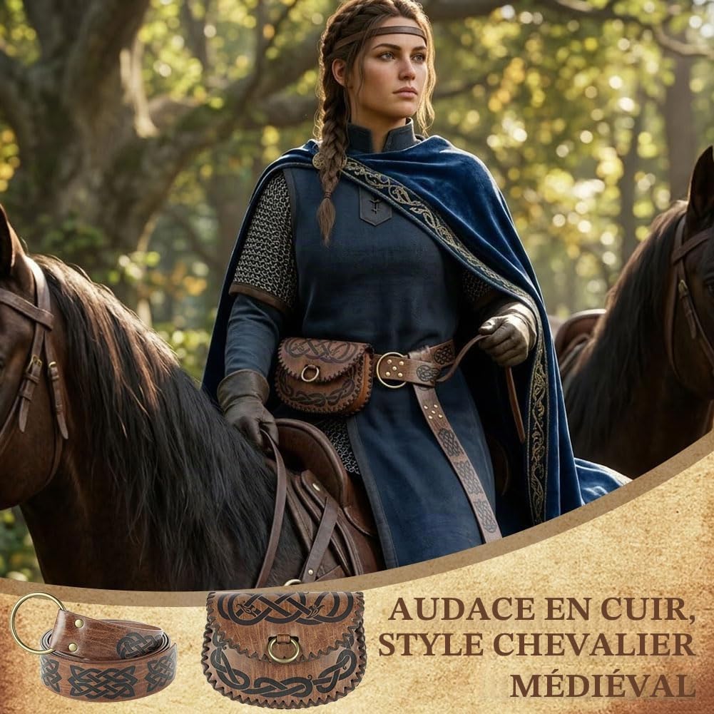 Thumbnail 6 de AYBUY Ceinture Médiévale avec Relief Nordique et Sac Banane en Simili-Cuir – Brun-B