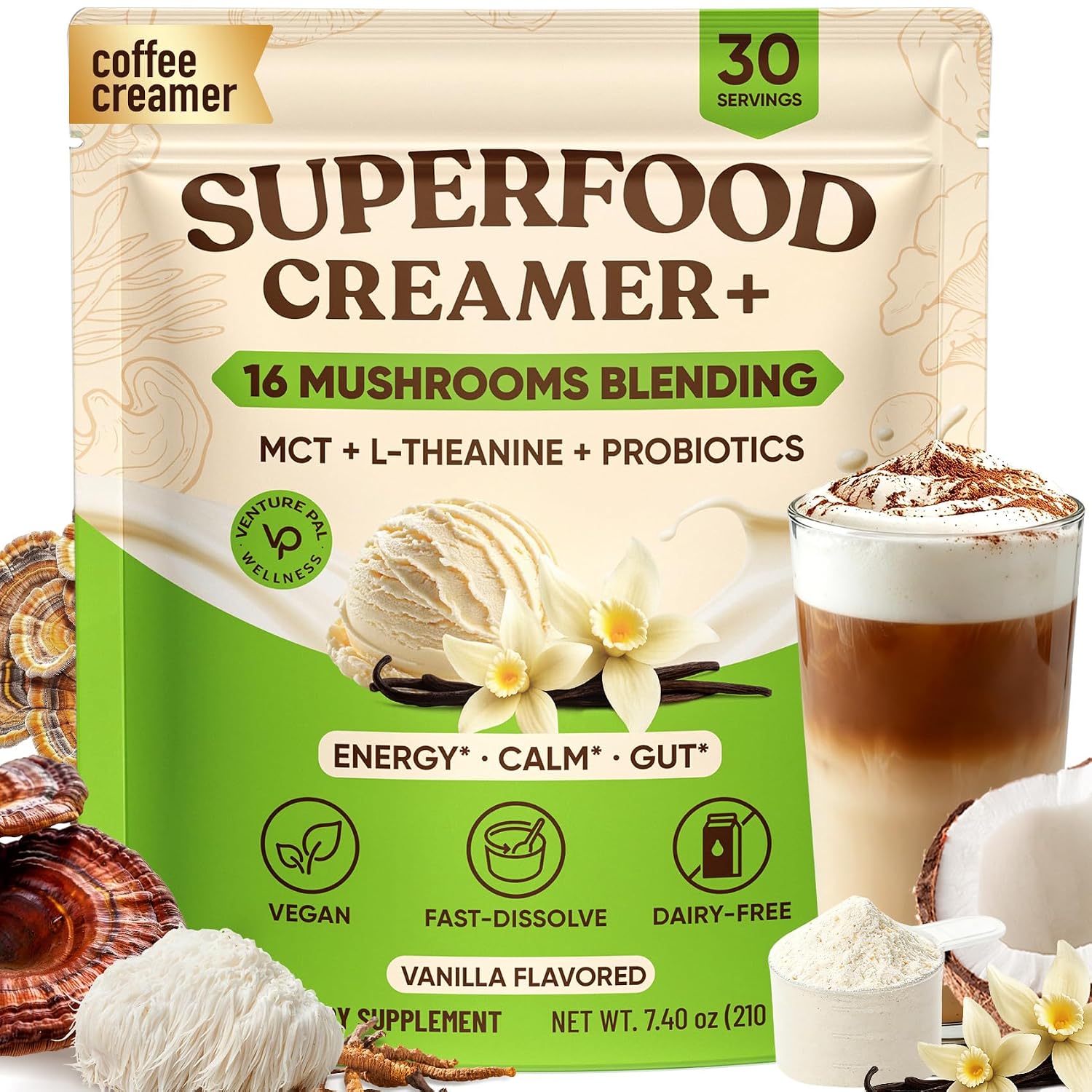 Detalle de Venture Pal Superfood Probiotic Coffee Creamer, Vanilla, 16 Mushrooms & MCT