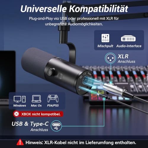 Detalle de TONOR Dynamisches Podcast-Mikrofon für Studio: Vielseitig mit USB & XLR, drei Klangmodi und KI-Rauschunterdrückung
