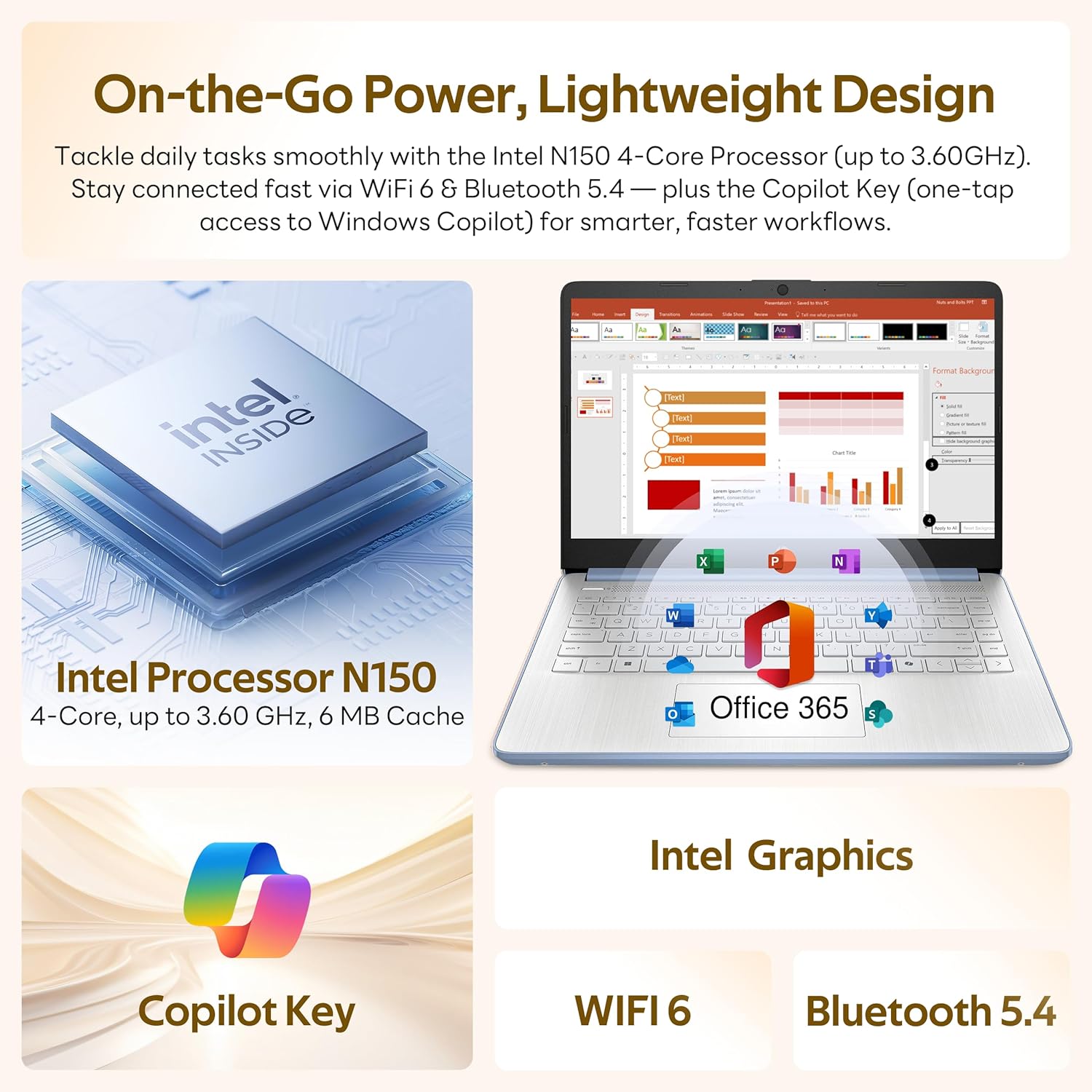 Thumbnail 4 de HP Flagship 14-inch Student & Business Laptop (13th Gen Intel N150, 4GB RAM, 128GB UFS + 1TB Dock, Windows 11 S) with Copilot — Sky Blue