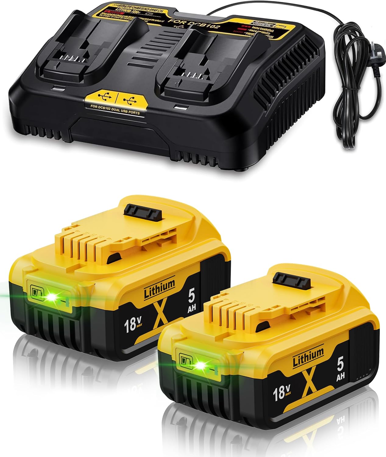 Detalle de 2X 18V 5.0Ah DCB182 Replacement Battery Set with 6A Charger for Dewalt 18V XR