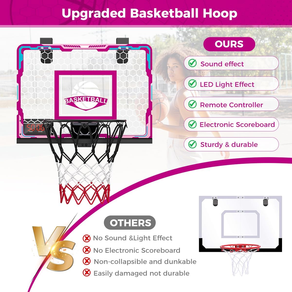 Thumbnail 4 de VATOS Cerceau de basket-ball d'intérieur pour filles avec LED et tableau d’affichage
