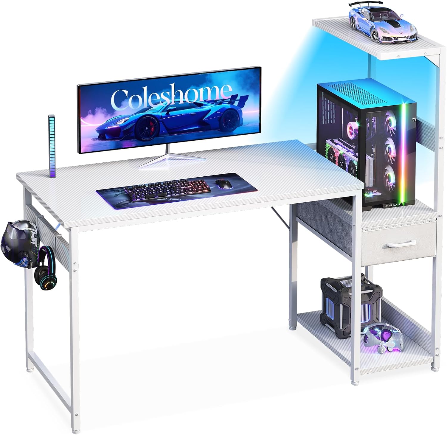 Detalle de Coleshome gamingbord 120 × 48 cm med RGB-belysning och vändbar hylla