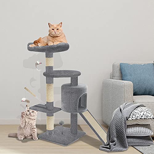 Detalle 2 de VOUNOT Arbre à Chat avec Griffoir et Niche – Hauteur 112 cm, Gris