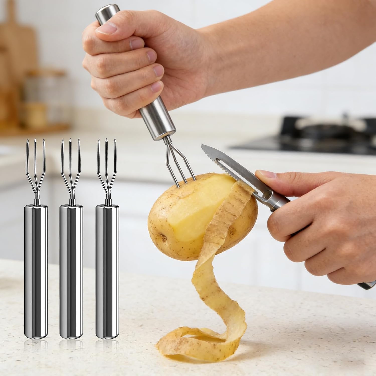 Detalle de Pellkartoffelset Pellkartoffelgabel 6 Stück – Edelstahl-Gabeln, Pellkartoffelhalter und Dreizack-Gabeln für Küche, Grill & Camping