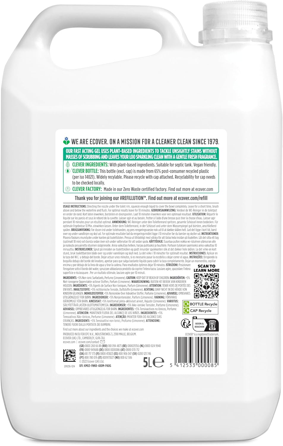 Detalle de Ecover Recharge Nettoyant WC Action Rapide – 5 L, parfum Pin et Menthe