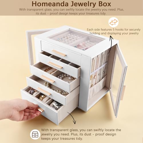 Detalle de Homeanda Jewellery Box, Large 5-Layer Organiser Case with Glass Lid in White