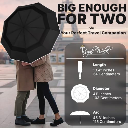 Detalle de Royal Walk Folding Travel Umbrella with Vented Canopy, Reflective Strip & Wood Handle