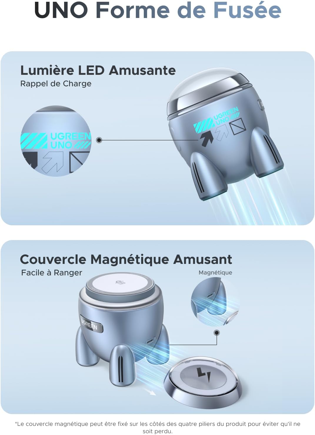 Detalle de UGREEN Uno Qi2 25W Chargeur Induction 2 en 1 – forme fusée magnétique MagSafe