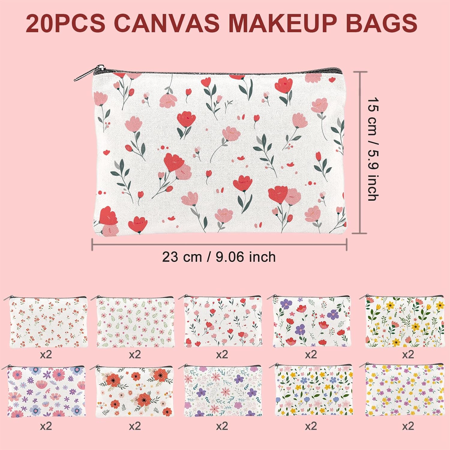 Detalle de TWINKLEMON 20–Piece Flower Canvas Makeup Bag Set: Floral Zipper Pouches for Everyday Organisation