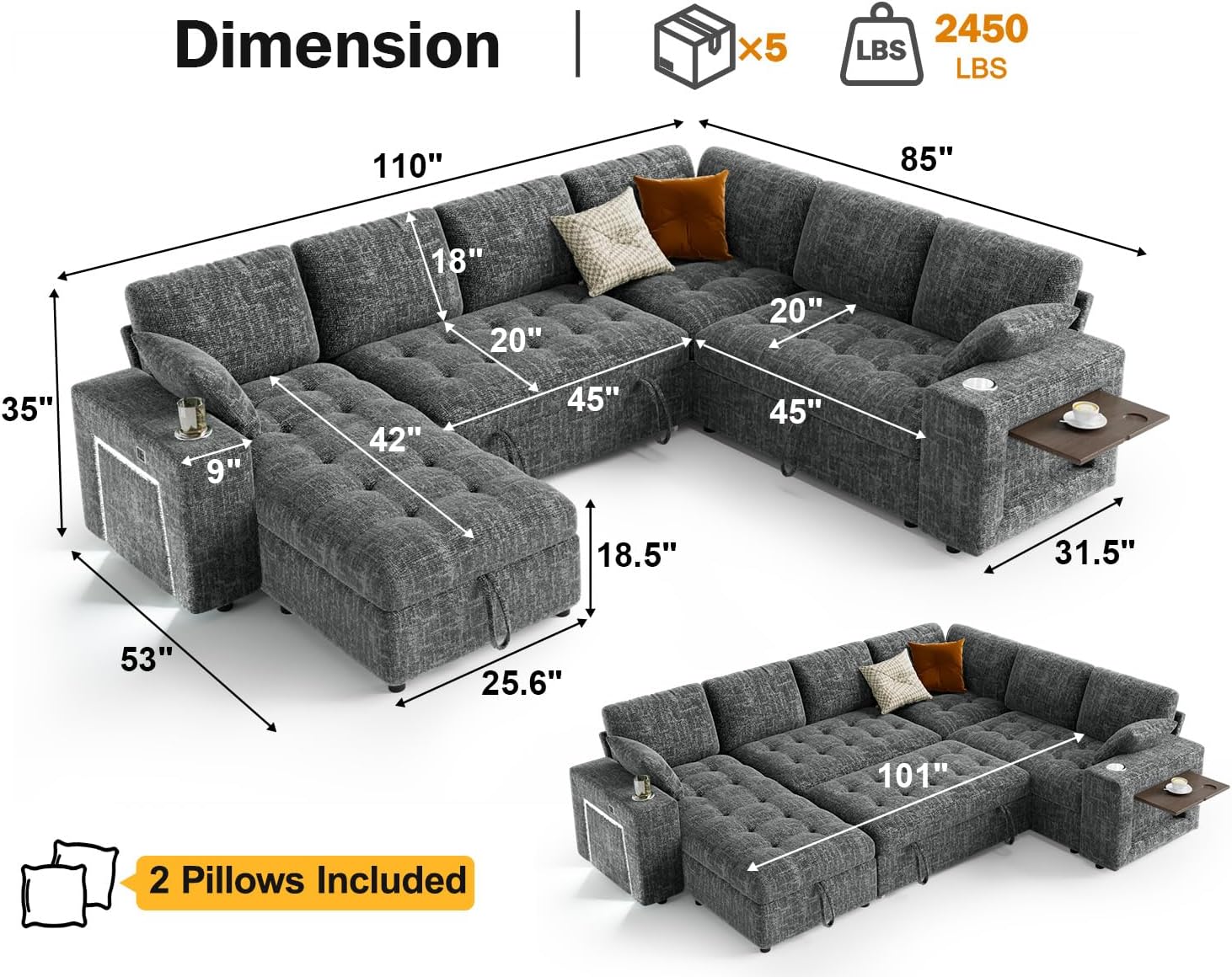 Detalle de Vipbear Sectional Sleeper Sofa 111-Inch