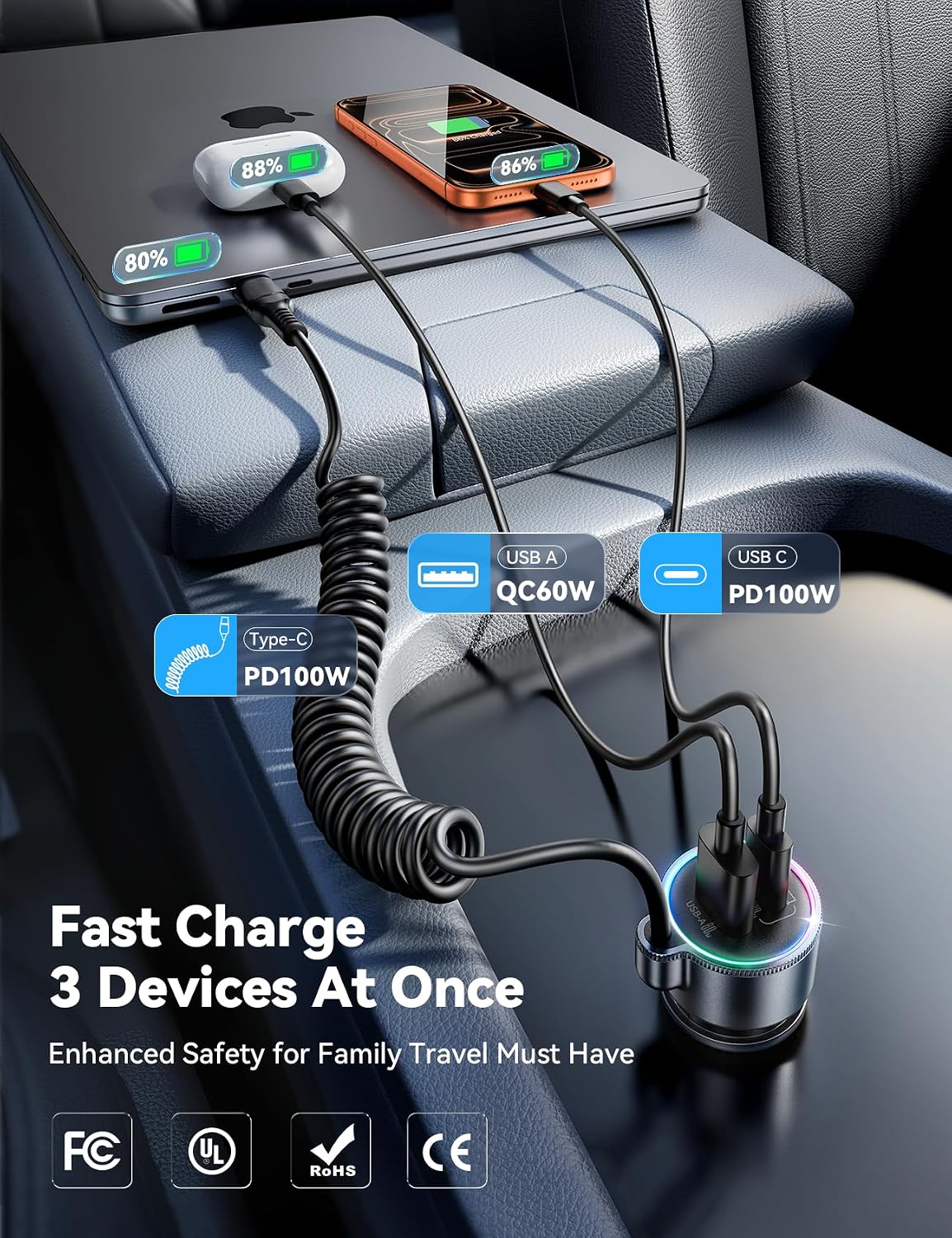 Thumbnail 3 de FLYLEAD 200W Dual PD USB-C Car Charger with 100W PD Each Port and Coiled Cable
