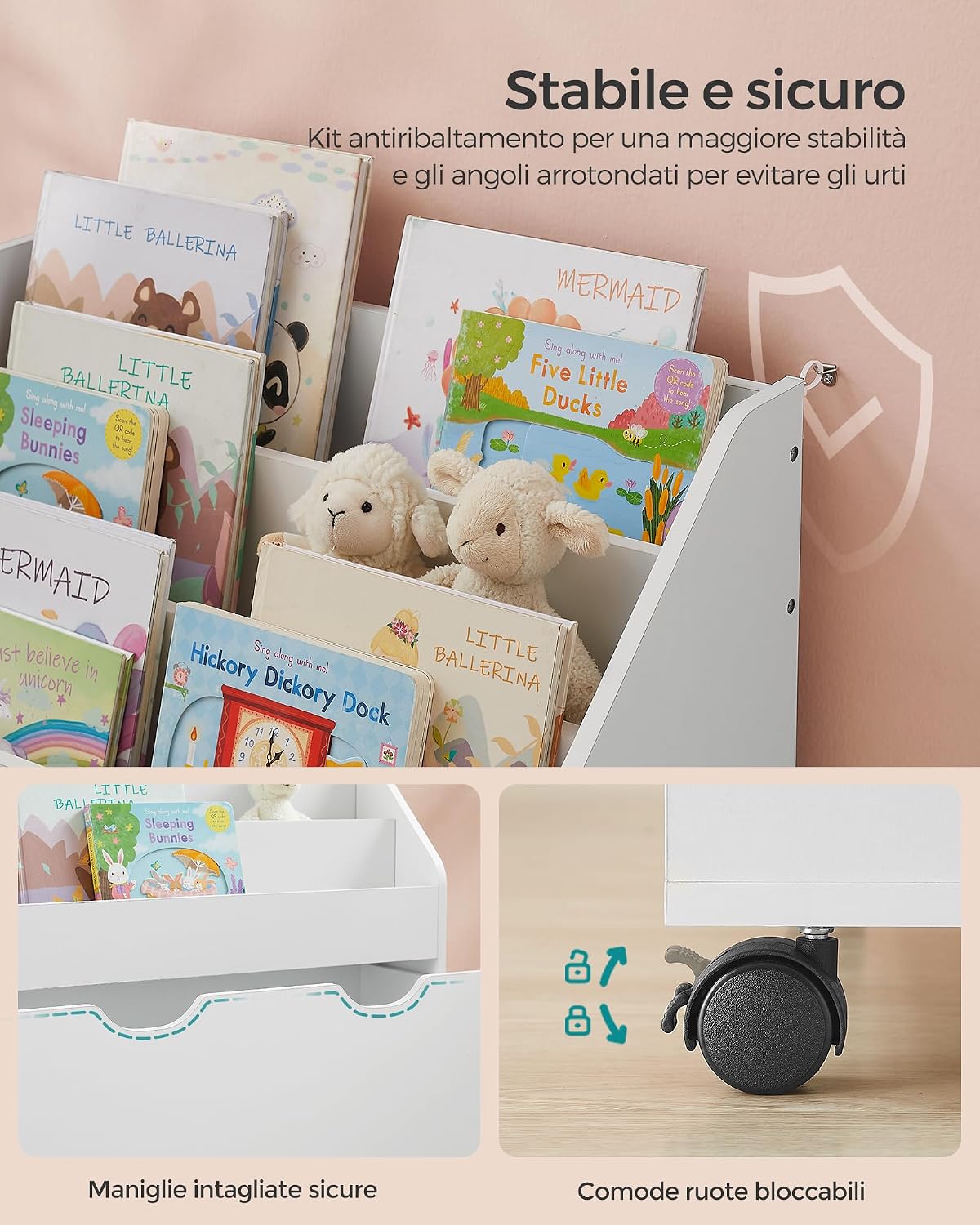 Thumbnail 6 de SONGMICS Scaffale per Giocattoli e Libreria 3 Scomparti con Contenitore Portagiochi a Ruote, Bianco Nuvola GKR041W10