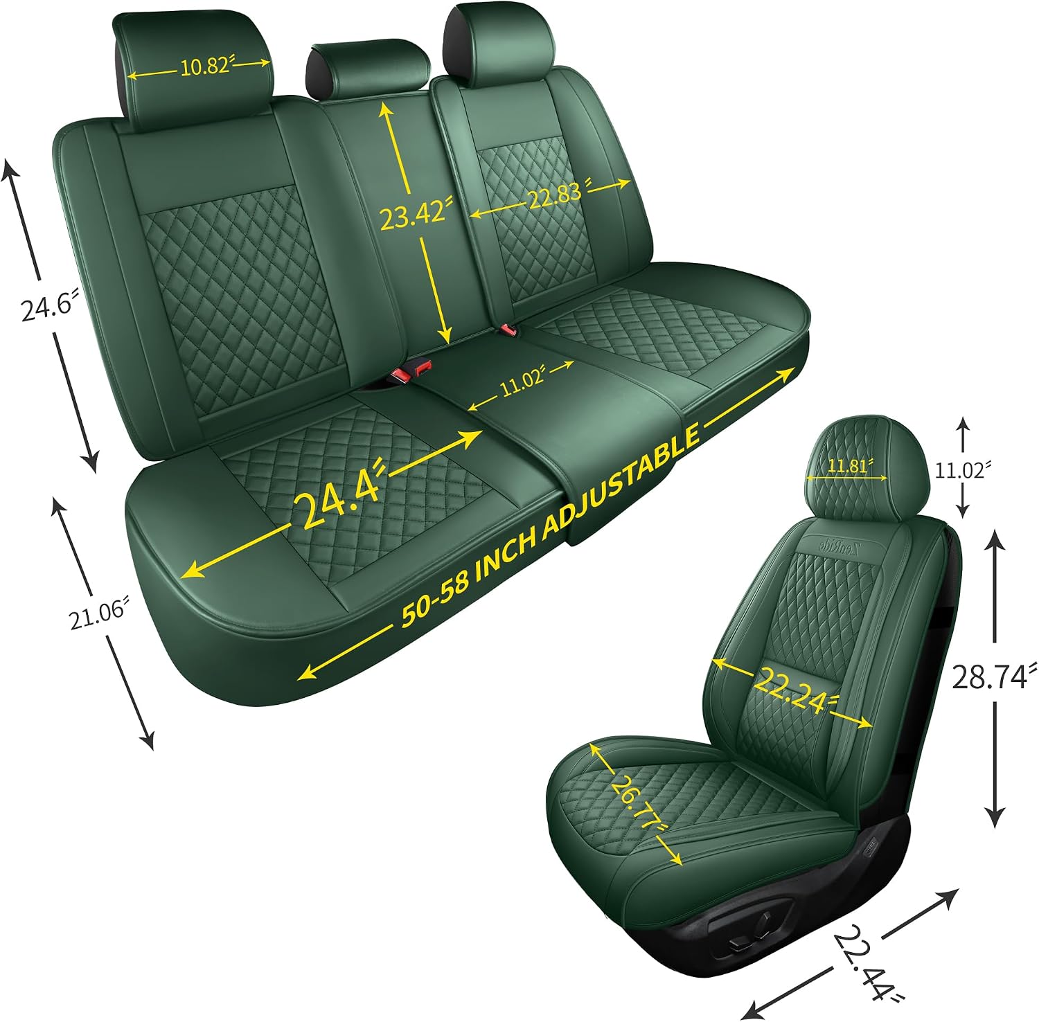Detalle de Green Thick Nappa Leather 3D Contoured Car Seat Covers – Universal Fit with Lumbar Support