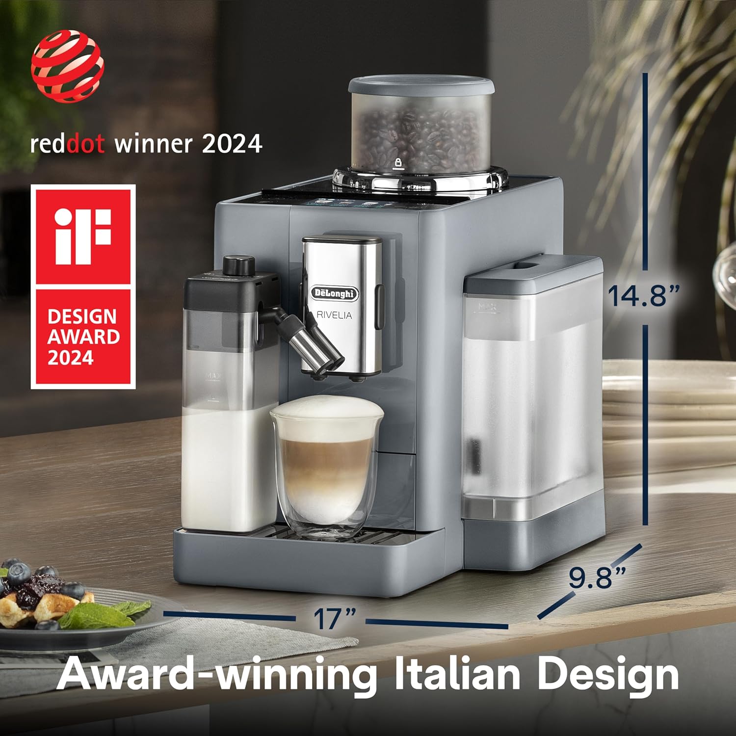 Detalle de De'Longhi Rivelia Automatic Espresso Machine, Grinder & Frother, Pebble Gray