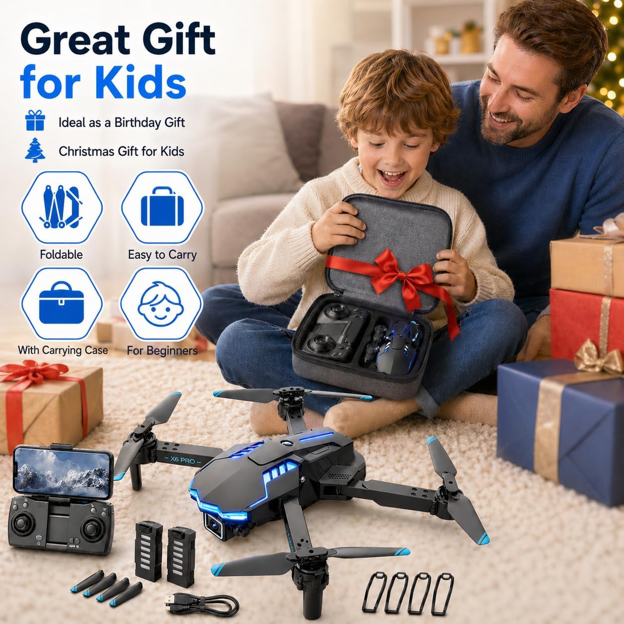 Detalle de Drone con Telecamera 1080P pieghevole per bambini e adulti – Bluetooth App, 2 Batterie, motore brushless, 120° FOV