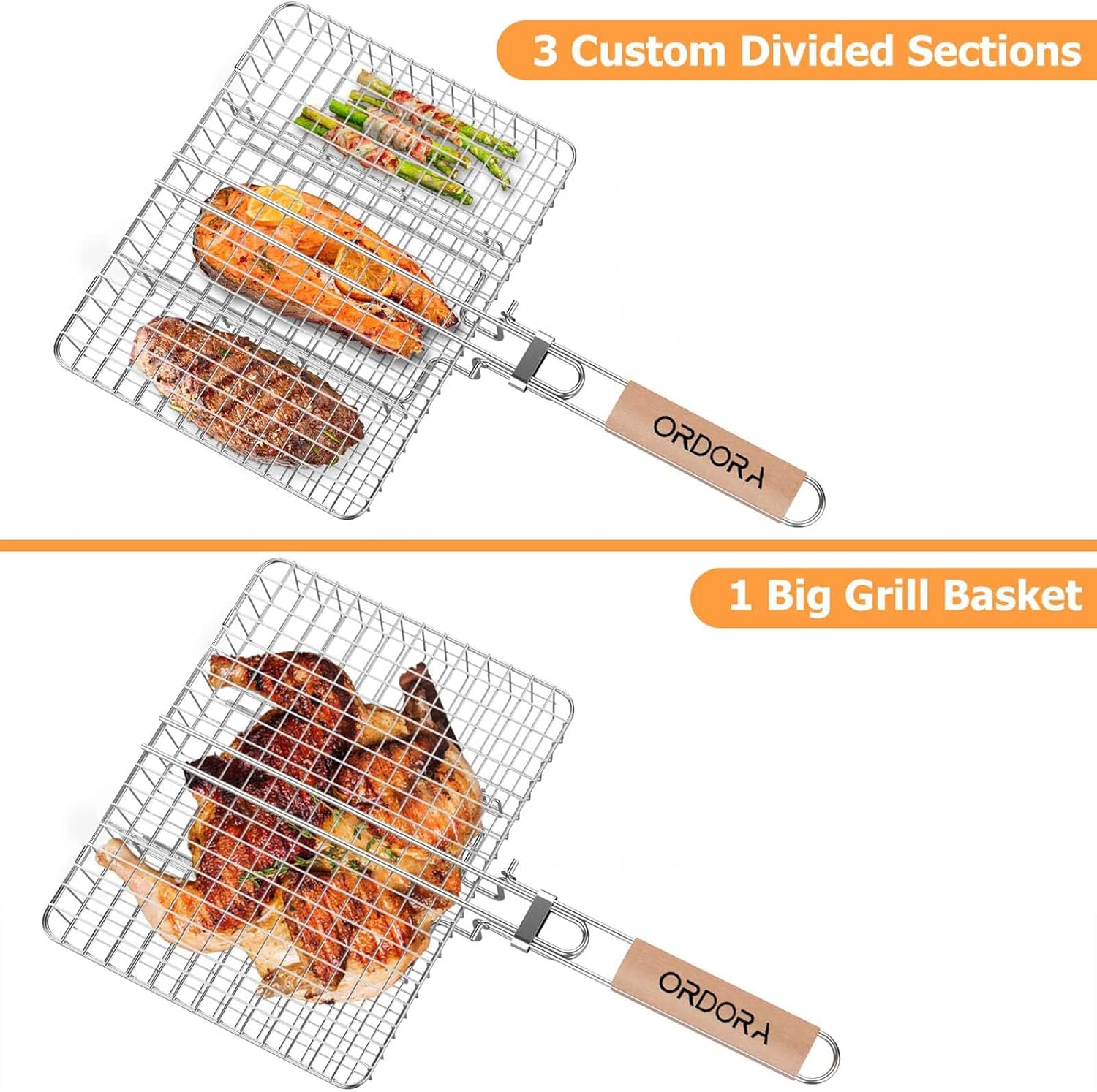 Detalle de ORDORA Deep Fish Grill Basket, Stainless Steel with Three Removable Dividers