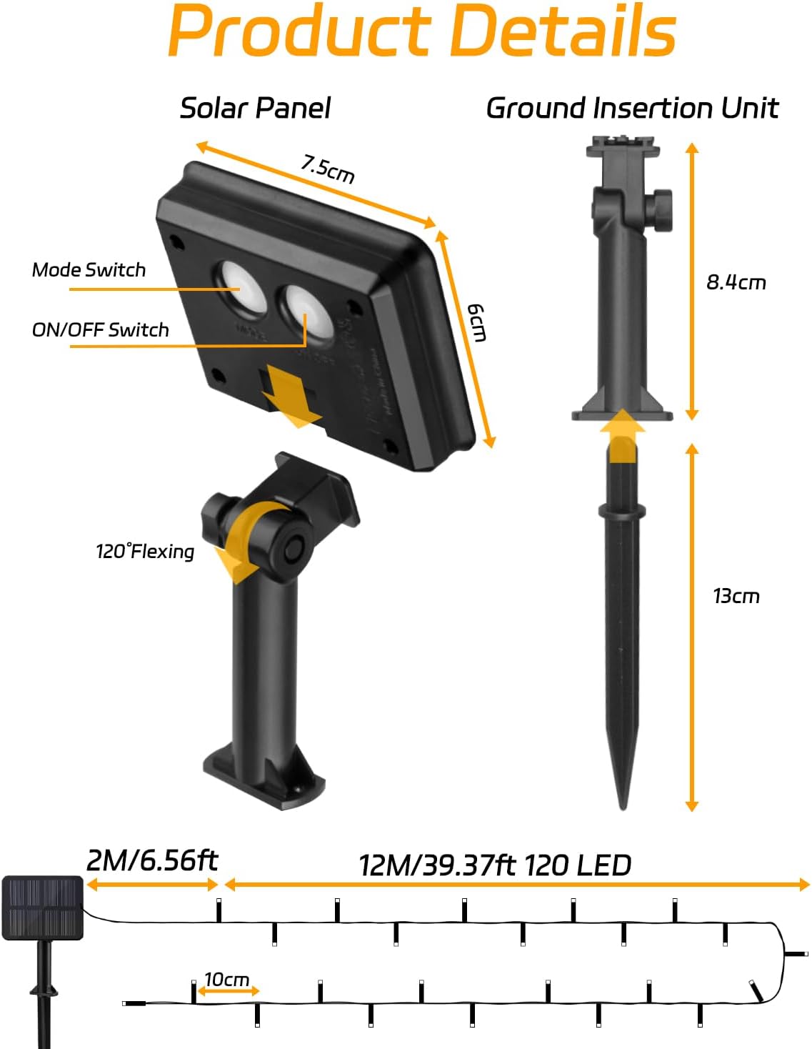 Thumbnail 3 de Dalugo Solar-Lichterkette Außen 12 m, 120 LED Warmweiß – IP65, 8 Modi, Memory-Funktion