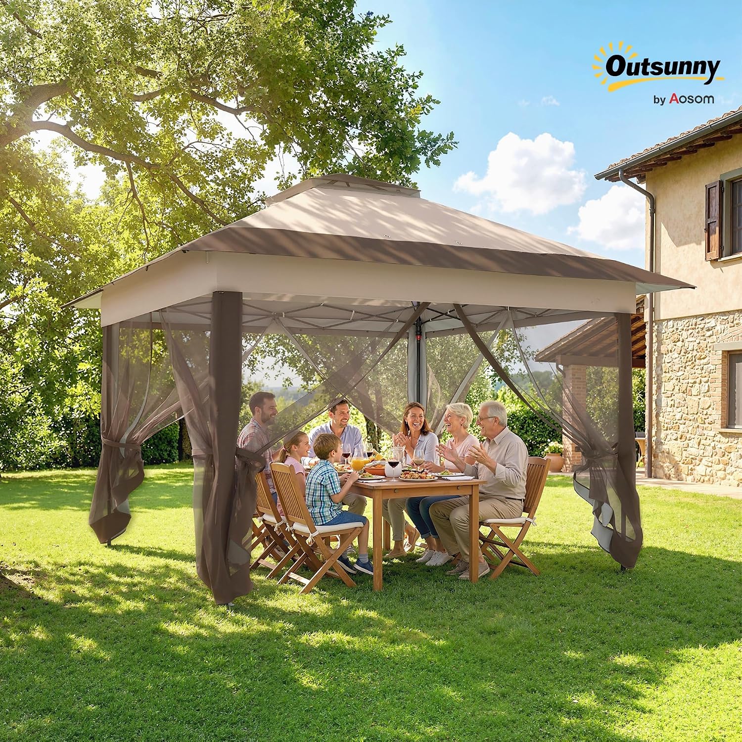 Detalle 2 de Outsunny Tonnelle de jardin pliante 3,6x3,6 m à double toit avec moustiquaires et sac de transport à roulettes