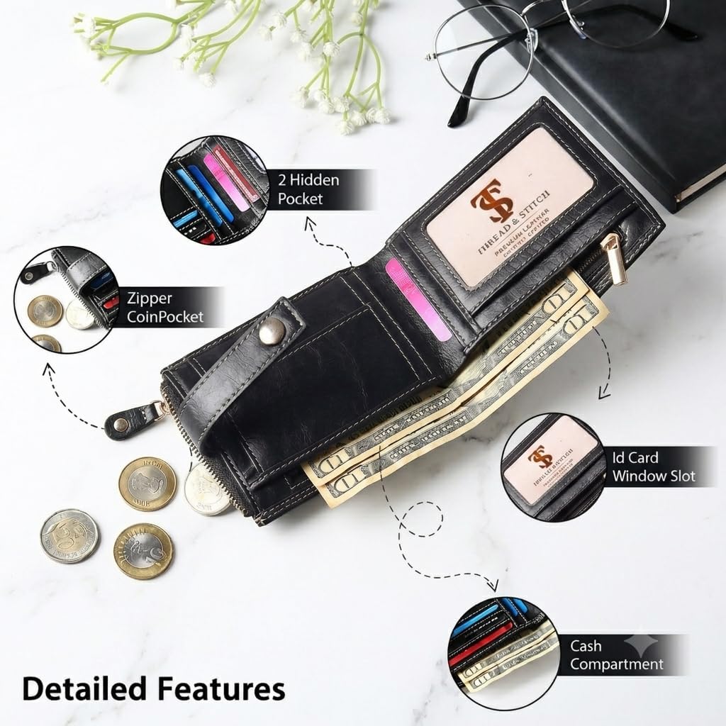 Thumbnail 4 de Thread & Stitch Leather Wallet for Men – Genuine Leather Bifold with RFID Protection