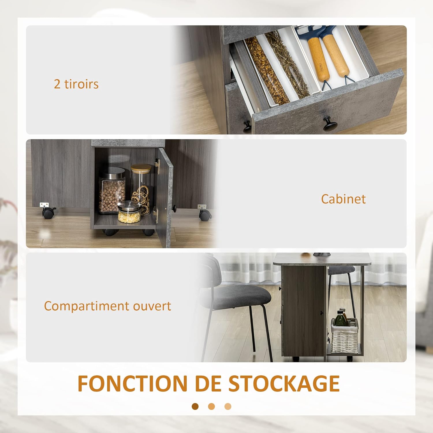 Thumbnail 4 de HOMCOM Table de Cuisine Pliable 2 Plateaux Rabattables avec Rangement – Gris, 120 x 60 cm