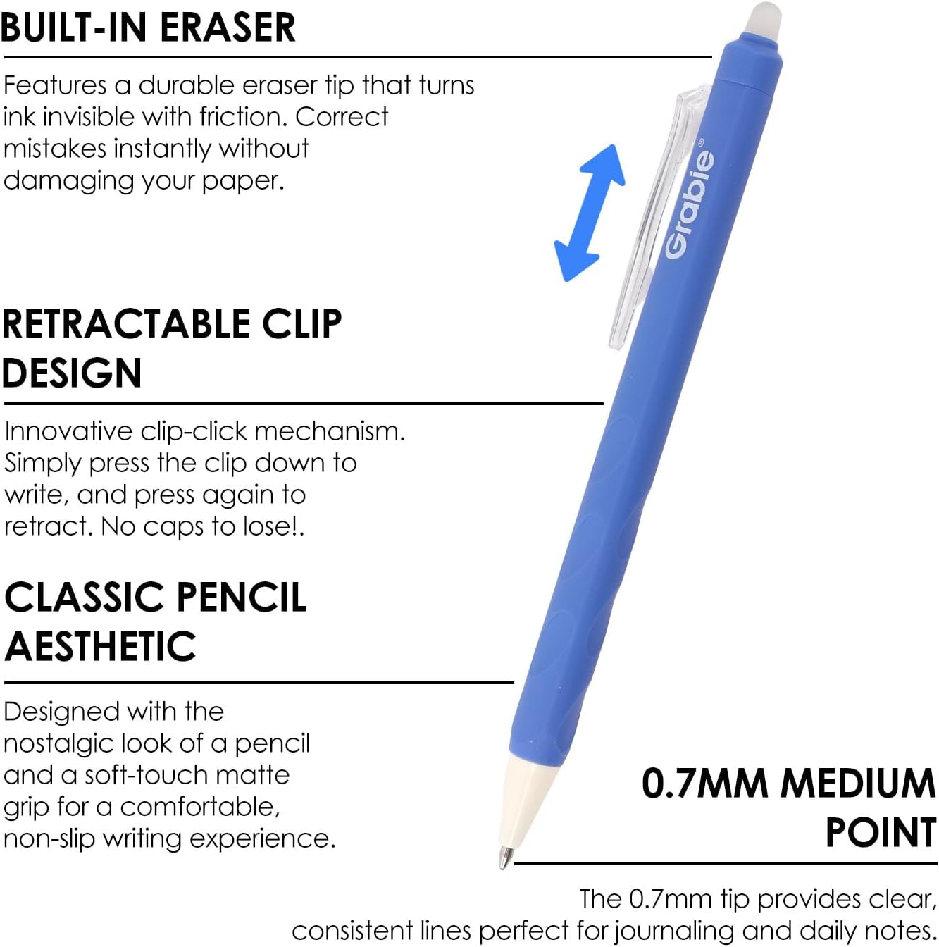 Detalle 2 de Grabie Erasable Gel Pens (9 Colours) with 0.6mm Medium Point – Smooth Writing Rollerball for Notes & Drawing