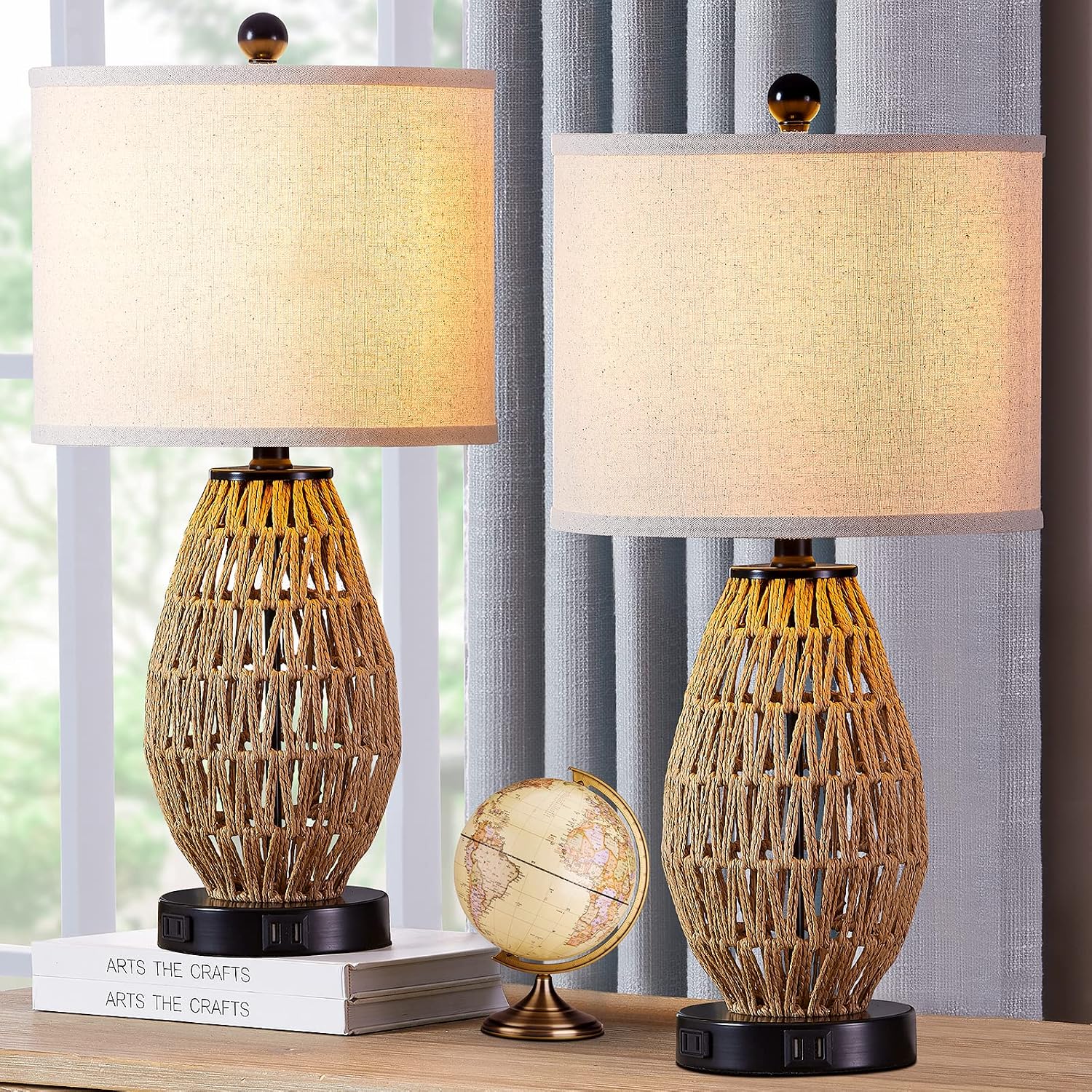 Detalle de CINSARY KN-TL-2201 Rattan Table Lamps, 3-Way Touch Dimming, USB & AC Outlet