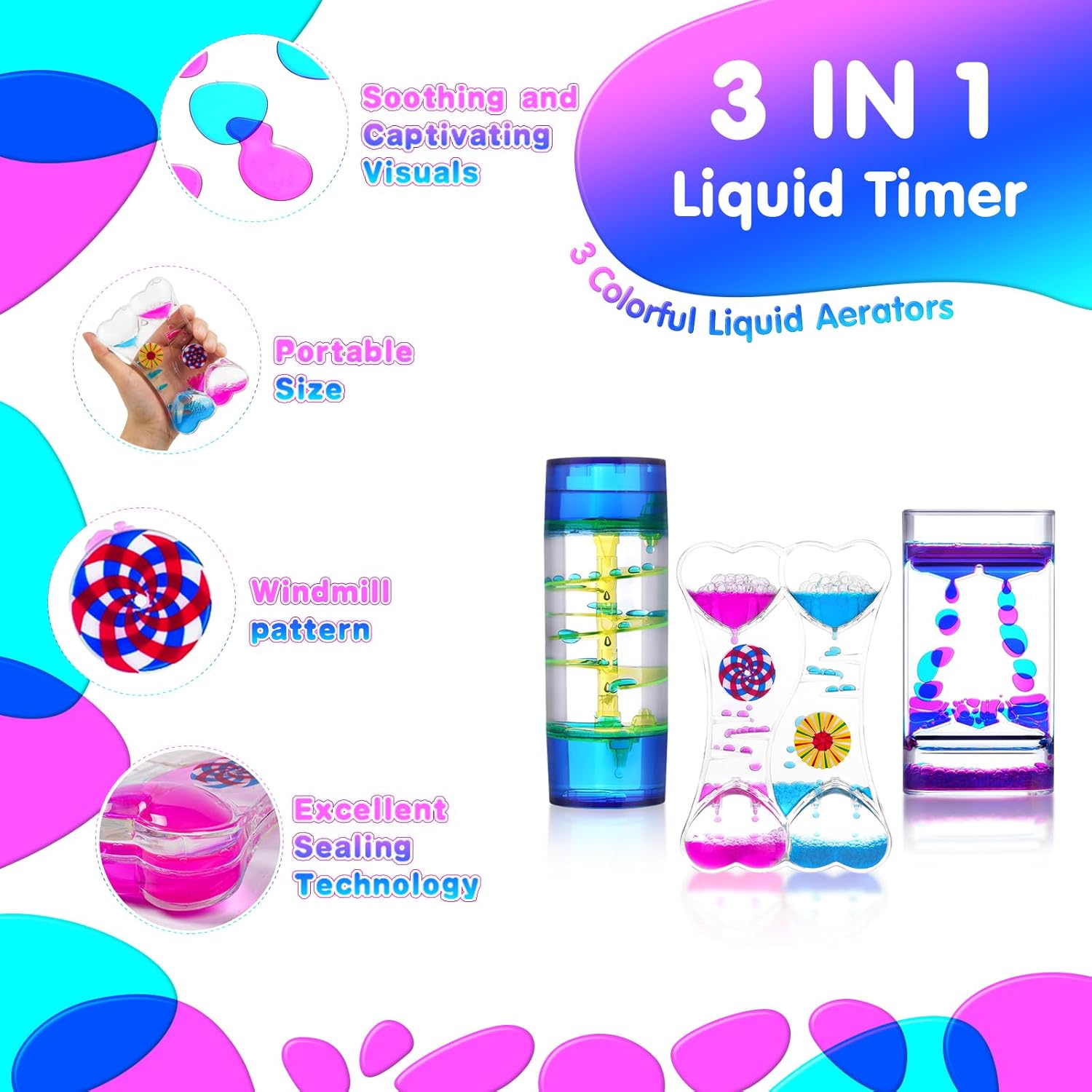Thumbnail 2 de OSDUE Liquid Motion Bubble Timer Tropfen-Sanduhr – 3er Set (verschiedene Formen)