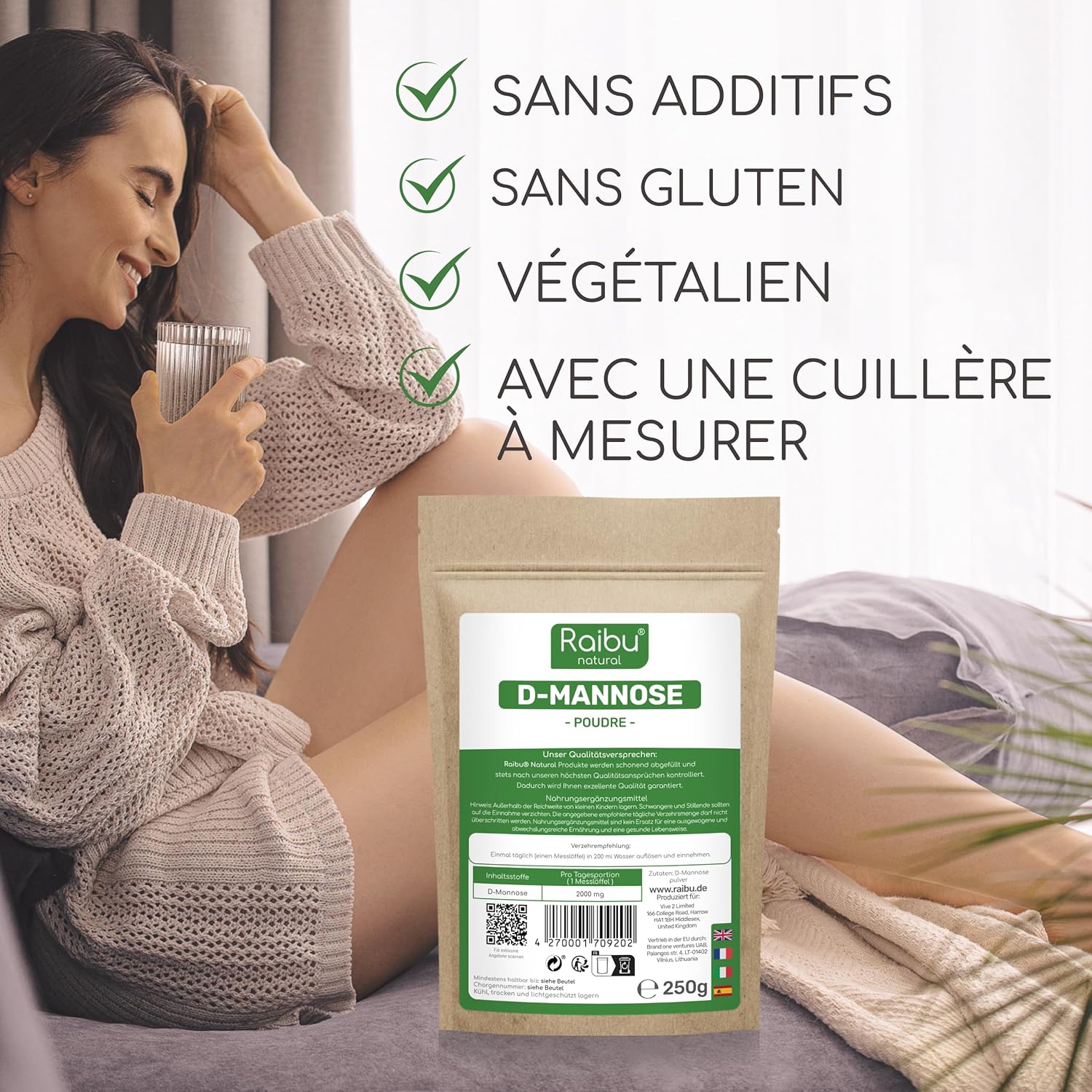 Detalle 2 de Raibu D-Mannose Poudre 250 g – Plus de 4 Mois, 2000 mg par dose, végétalien et sans additifs
