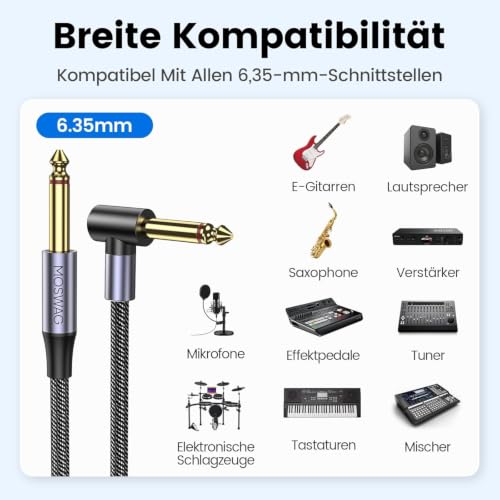 Thumbnail 1 de MOSWAG E Gitarren Kabel 3M – 6,35 mm TS mit 90° Biegsamem Bass AMP Kabel, Nylon-geflochten, geringes Rauschen