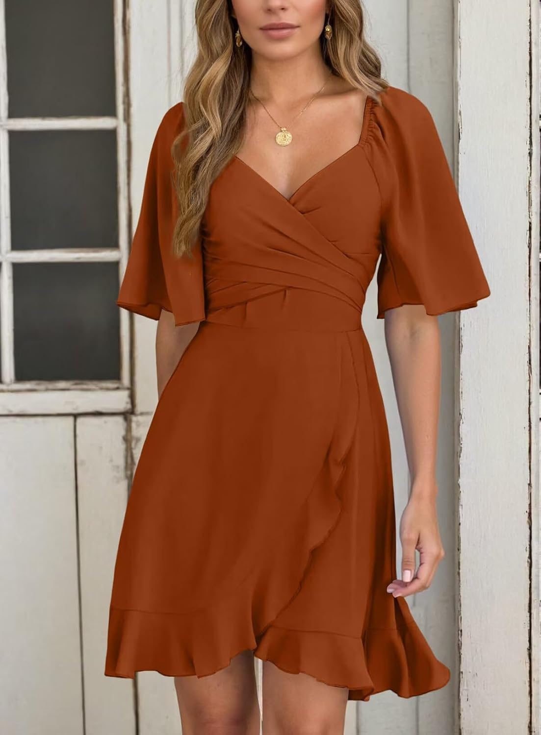 Detalle 2 de Dokotoo Women's Wrap V Neck Short Flared Sleeve Mini Dress Review