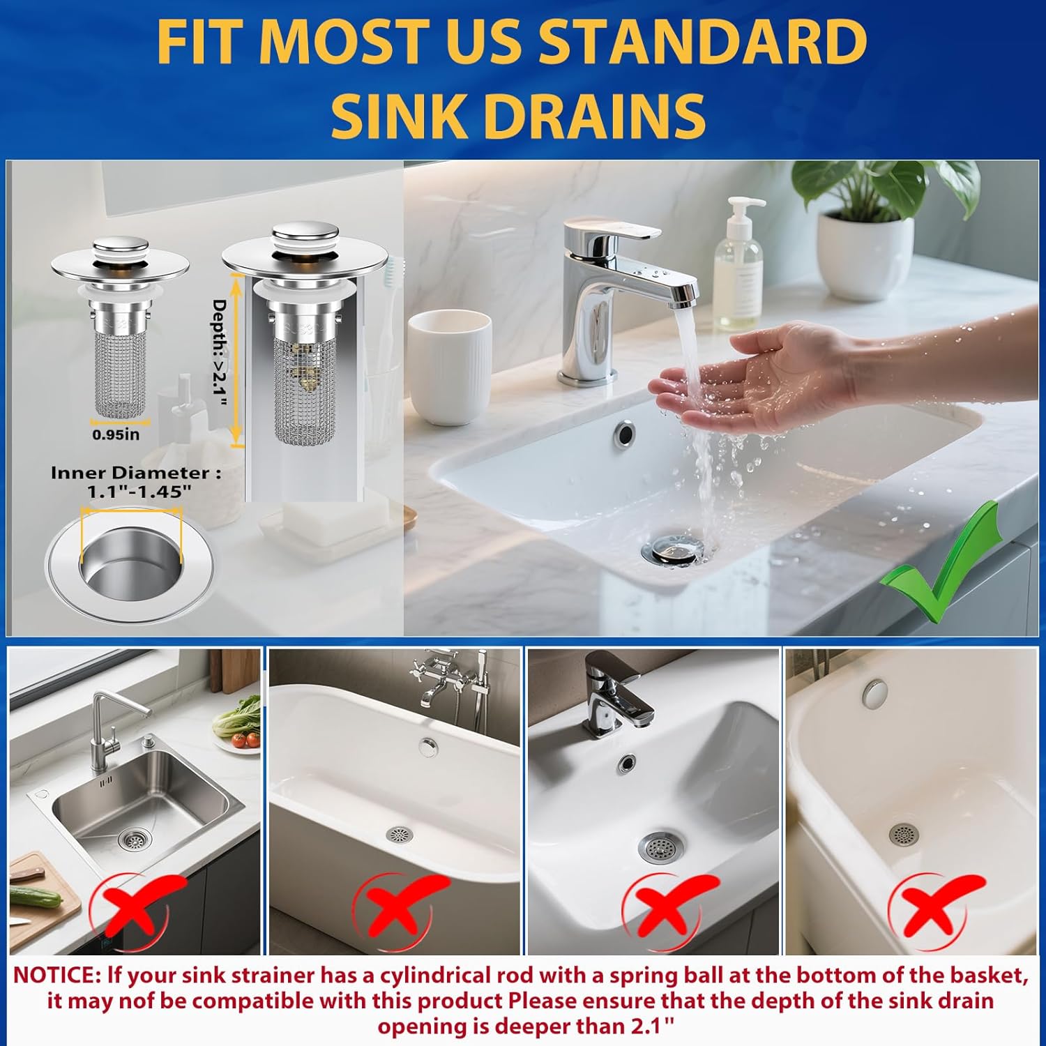 Detalle de HFMZYWA F36 Bathroom Sink Stopper Strainer, 2-Pack, 304 Stainless Steel