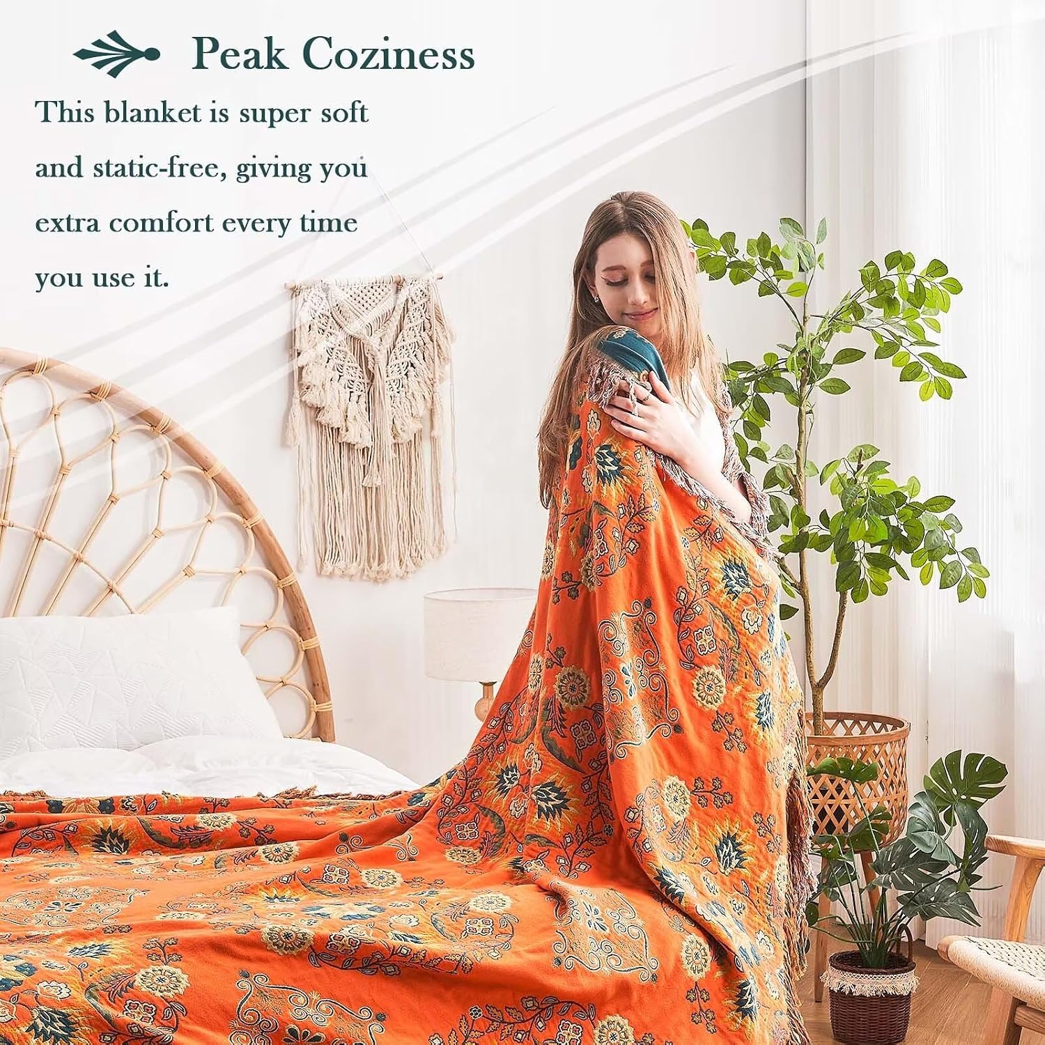Detalle 2 de XIBLC Boho Throw Blanket (100% Cotton) 60"x80" Floral Reversible Farmhouse Decor, Orange