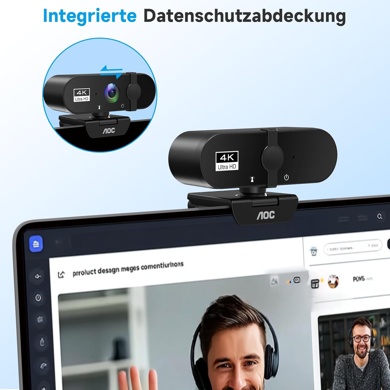 Detalle de AOC Webcam 4K Ultra HD mit Mikrofon, Privatsphärenabdeckung und Plug‑&‑Play
