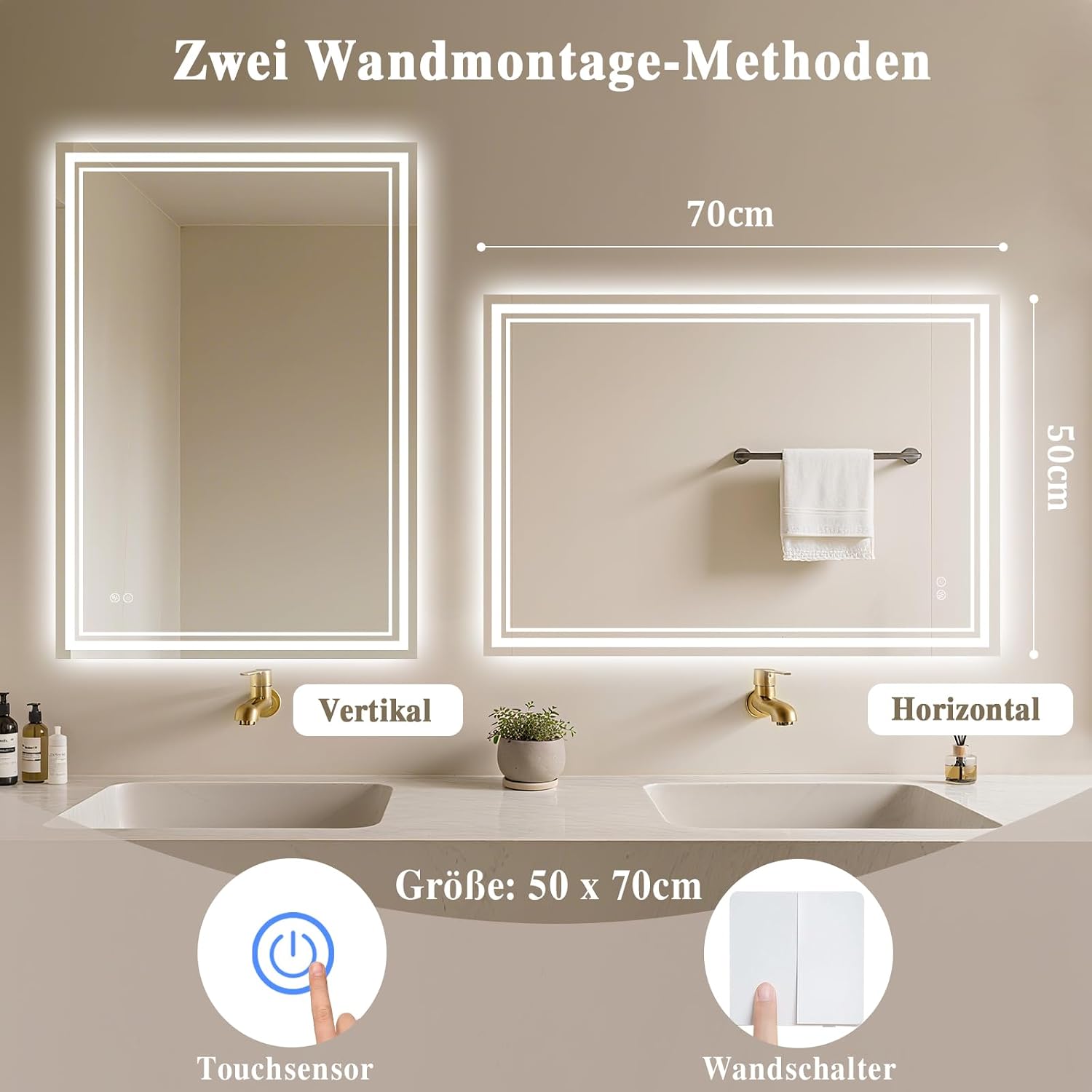 Detalle de Badspiegel mit Beleuchtung 50x70cm – LED Spiegel inkl. Antibeschlag, Touch & Dimmbarkeit