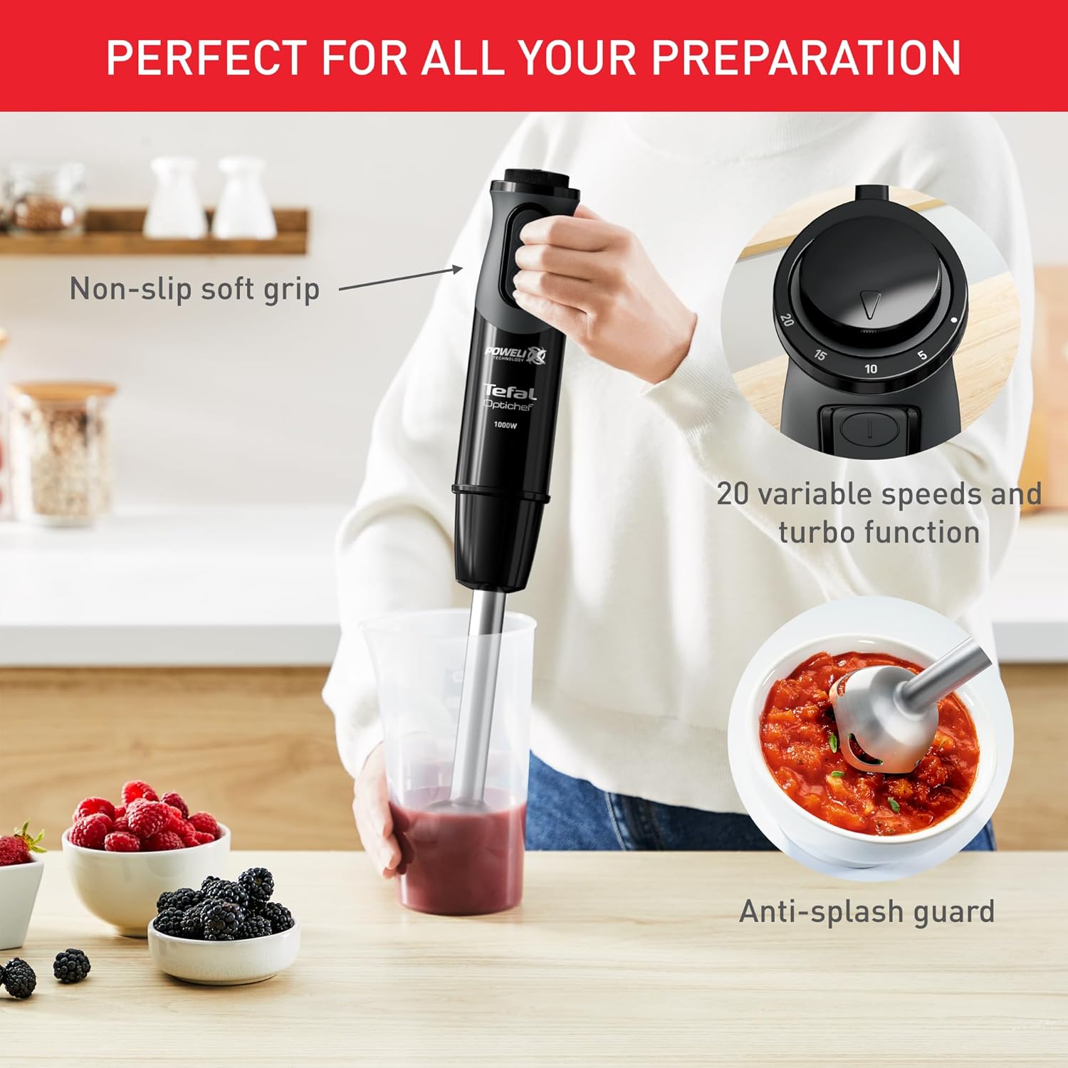 Thumbnail 1 de Tefal 3in1 Optichef Hand Stick Blender HB643842 (1000W) with 20 speeds, chopper & 800ml beaker