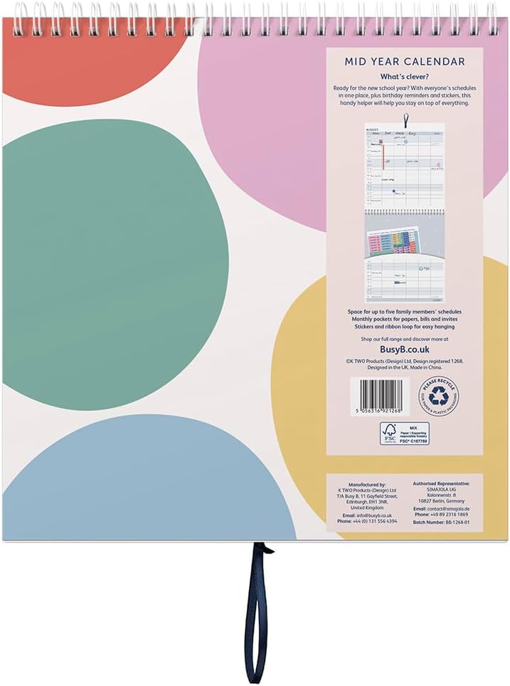 Detalle de Busy B Family Wall Calendar – Mid-Year 2026–2027 (Aug ’26–Aug ’27) with 5-Column Layout, Storage Pockets and Colour-Coded Stickers