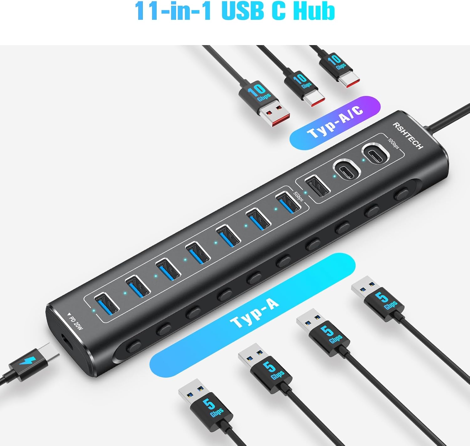 Thumbnail 1 de RSHTECH RSH-A11PD USB-C 3.2 Hub mit Netzteil (60 W) – 11 Ports, 20 W PD & bis zu 10 Gb/s